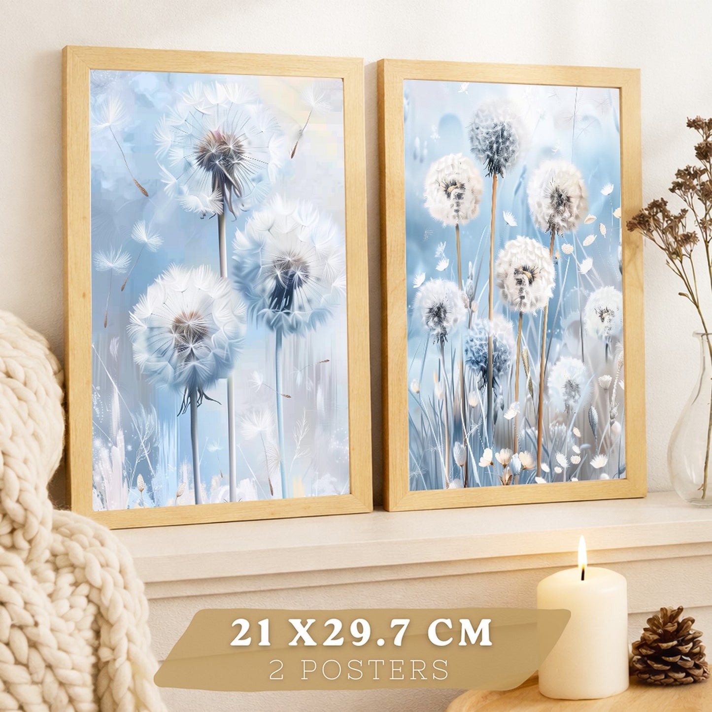 Set de 2 laminas decorativas Flores azules  Cuadros Salon modernos - Posters decorativos Azul Decoración Dormitorios.