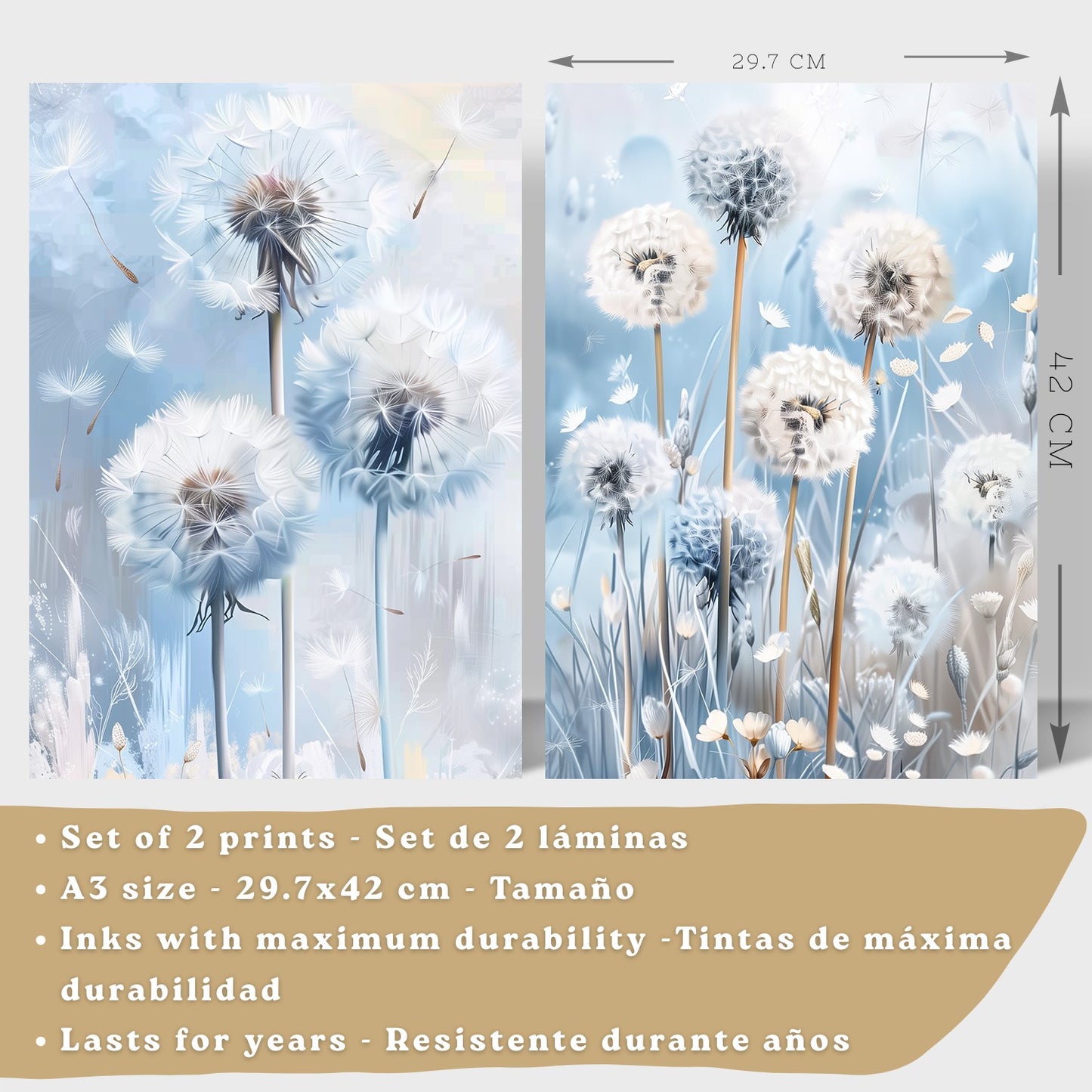 Set de 2 laminas decorativas Flores azules  Cuadros Salon modernos - Posters decorativos Azul Decoración Dormitorios.