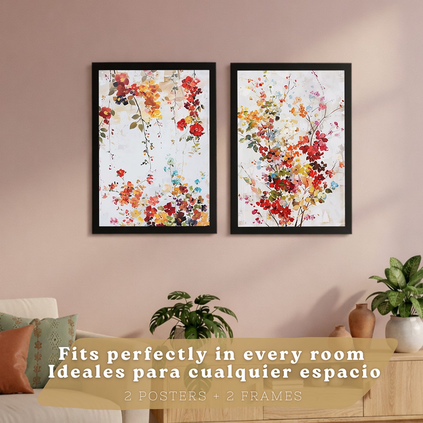 Juego de 2 laminas decorativas flores siilvestres. Cuadros Salon modernos - Posters decorativos Botanico campestre. Decoración Dormitorios.