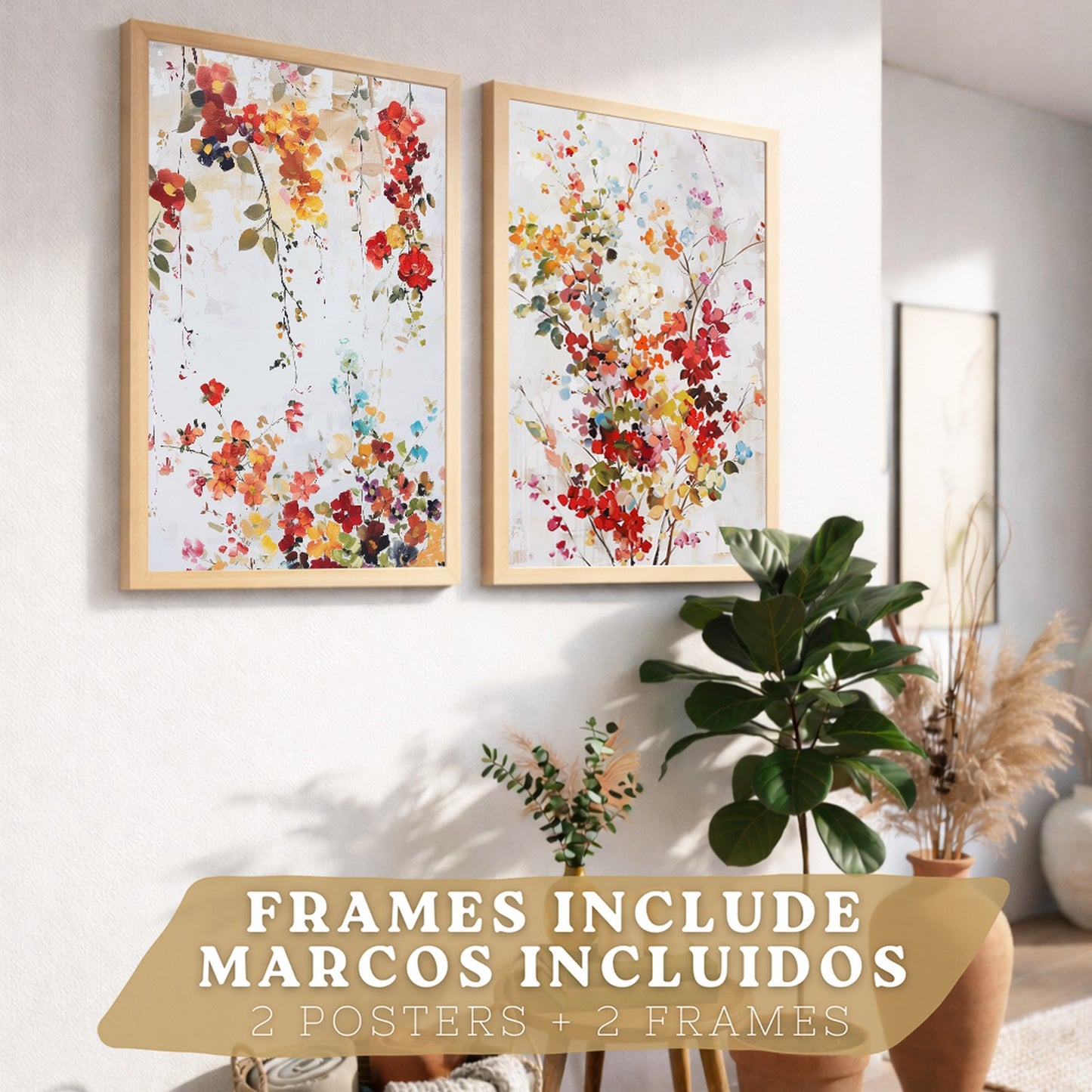 Juego de 2 laminas decorativas flores siilvestres. Cuadros Salon modernos - Posters decorativos Botanico campestre. Decoración Dormitorios.