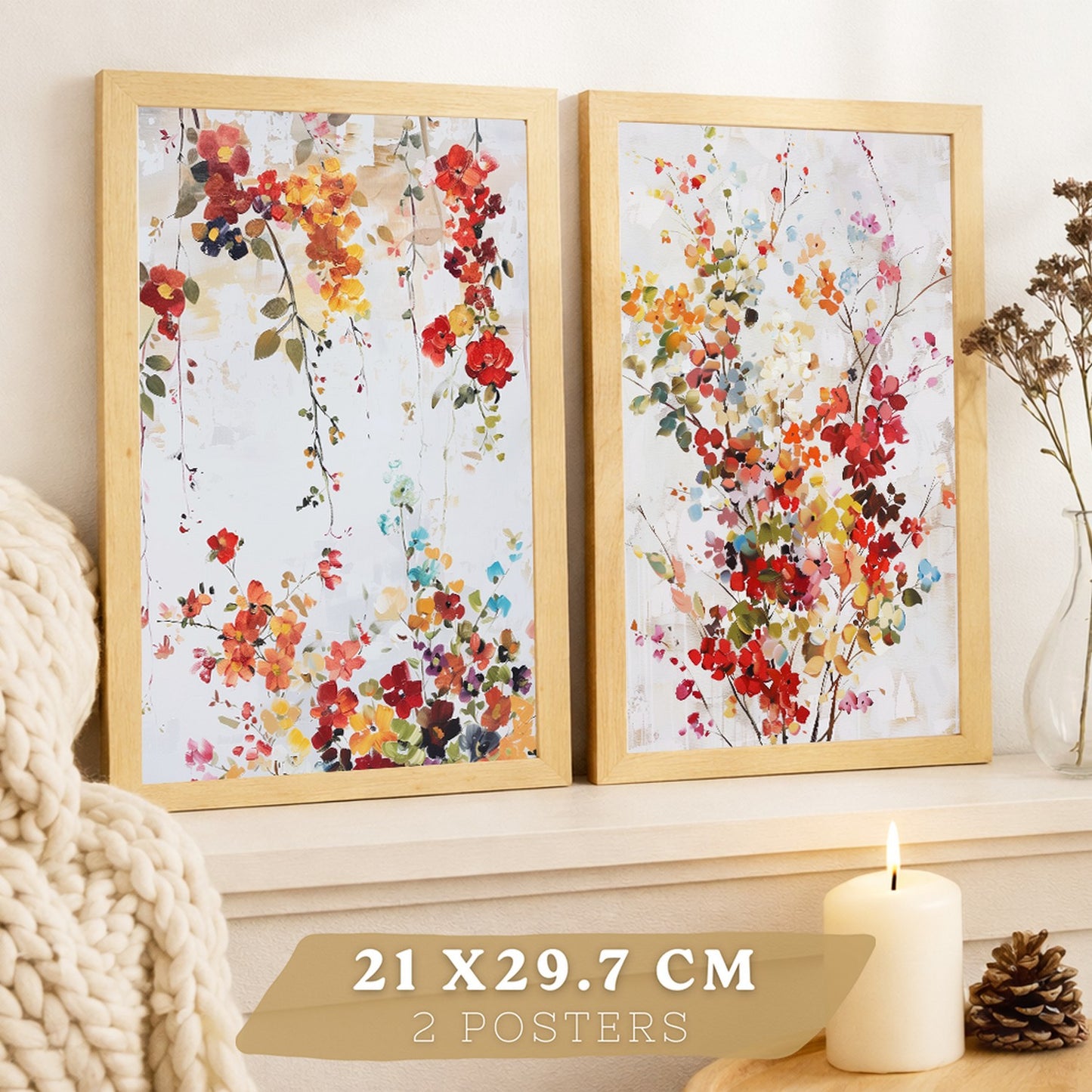 Juego de 2 laminas decorativas flores siilvestres. Cuadros Salon modernos - Posters decorativos Botanico campestre. Decoración Dormitorios.