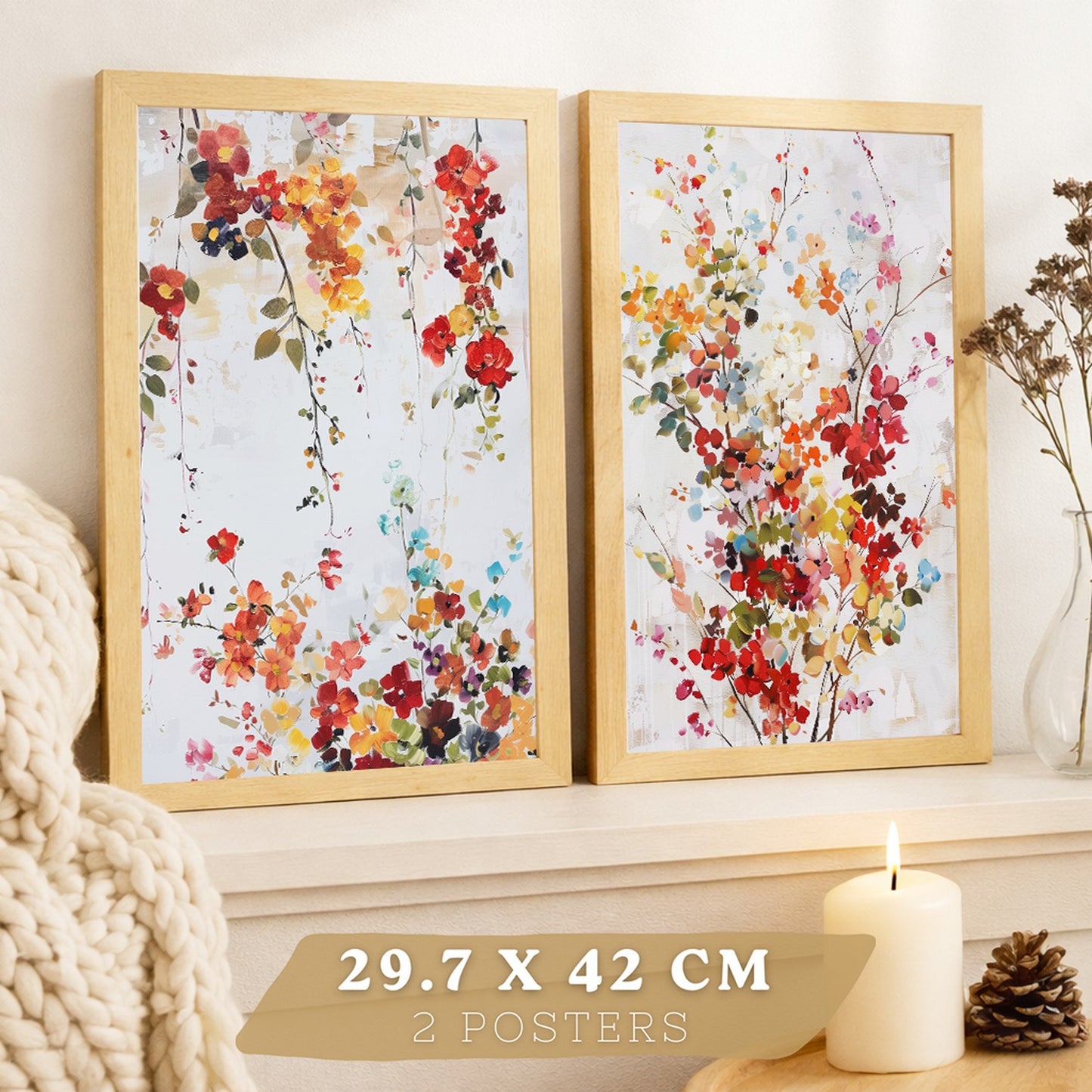 Juego de 2 laminas decorativas flores siilvestres. Cuadros Salon modernos - Posters decorativos Botanico campestre. Decoración Dormitorios.