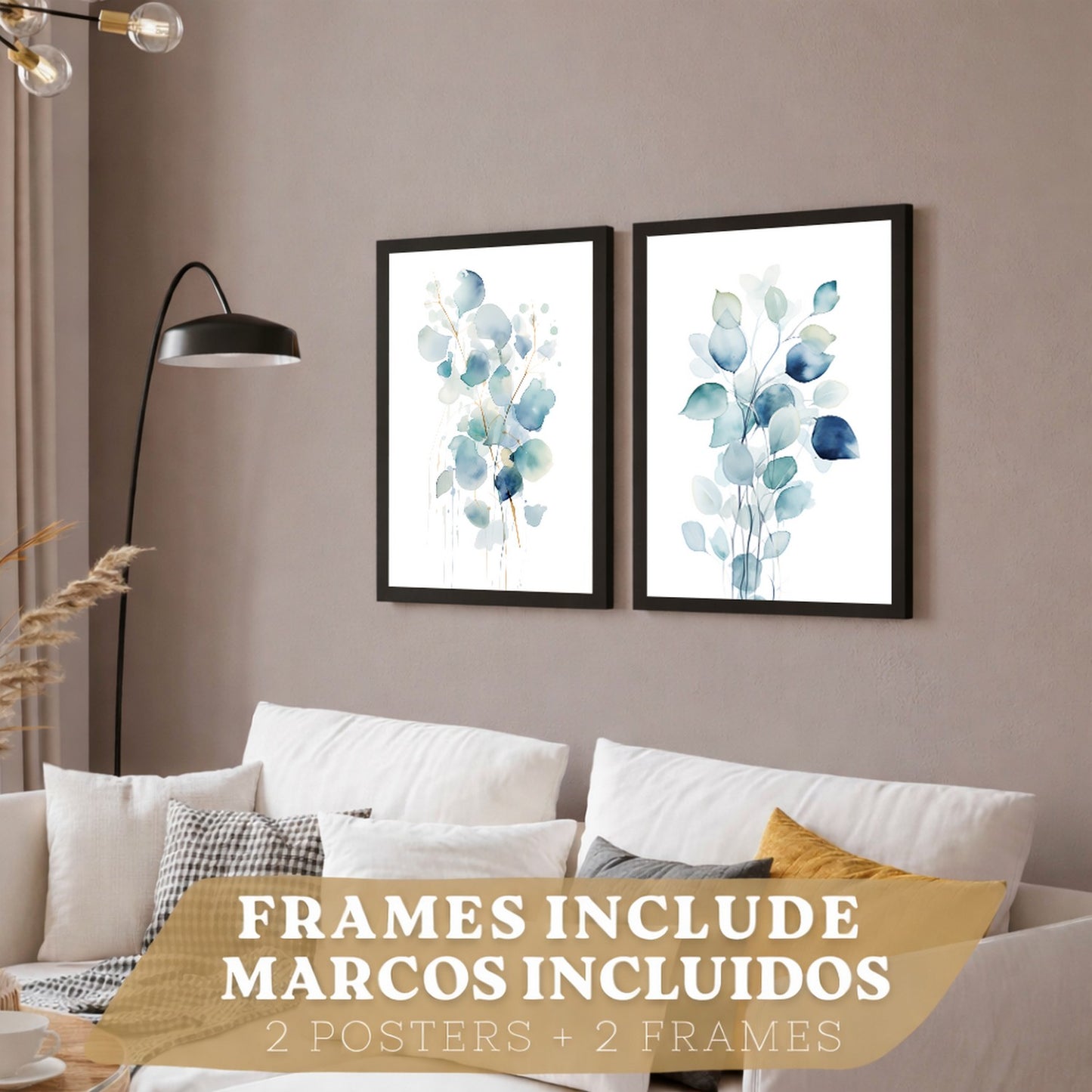Juego de 2 laminas decorativas flores azules acuarela. Cuadros Salon modernos - Posters decorativos Botanico campestre. Decoración Dormitorios.