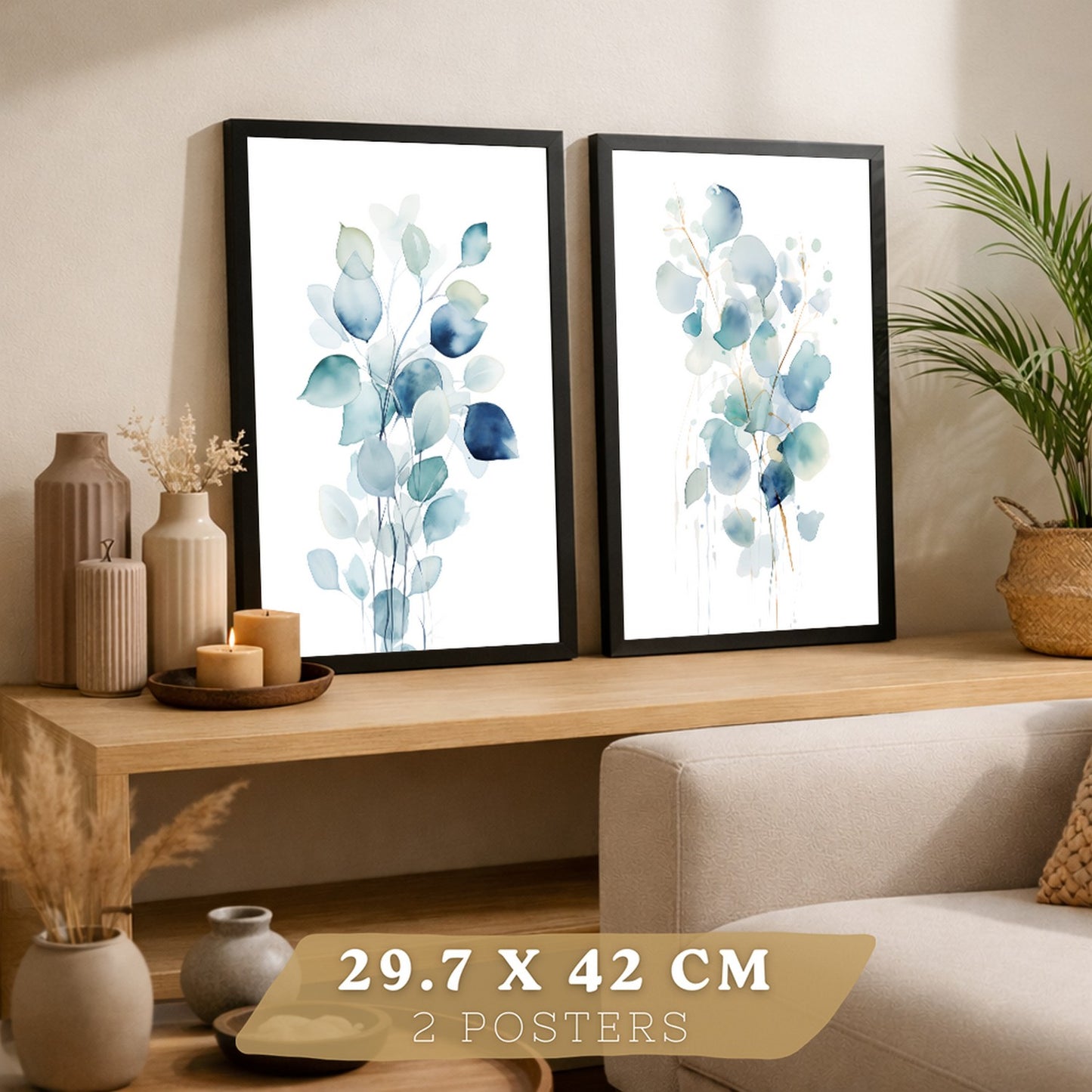 Juego de 2 laminas decorativas flores azules acuarela. Cuadros Salon modernos - Posters decorativos Botanico campestre. Decoración Dormitorios.