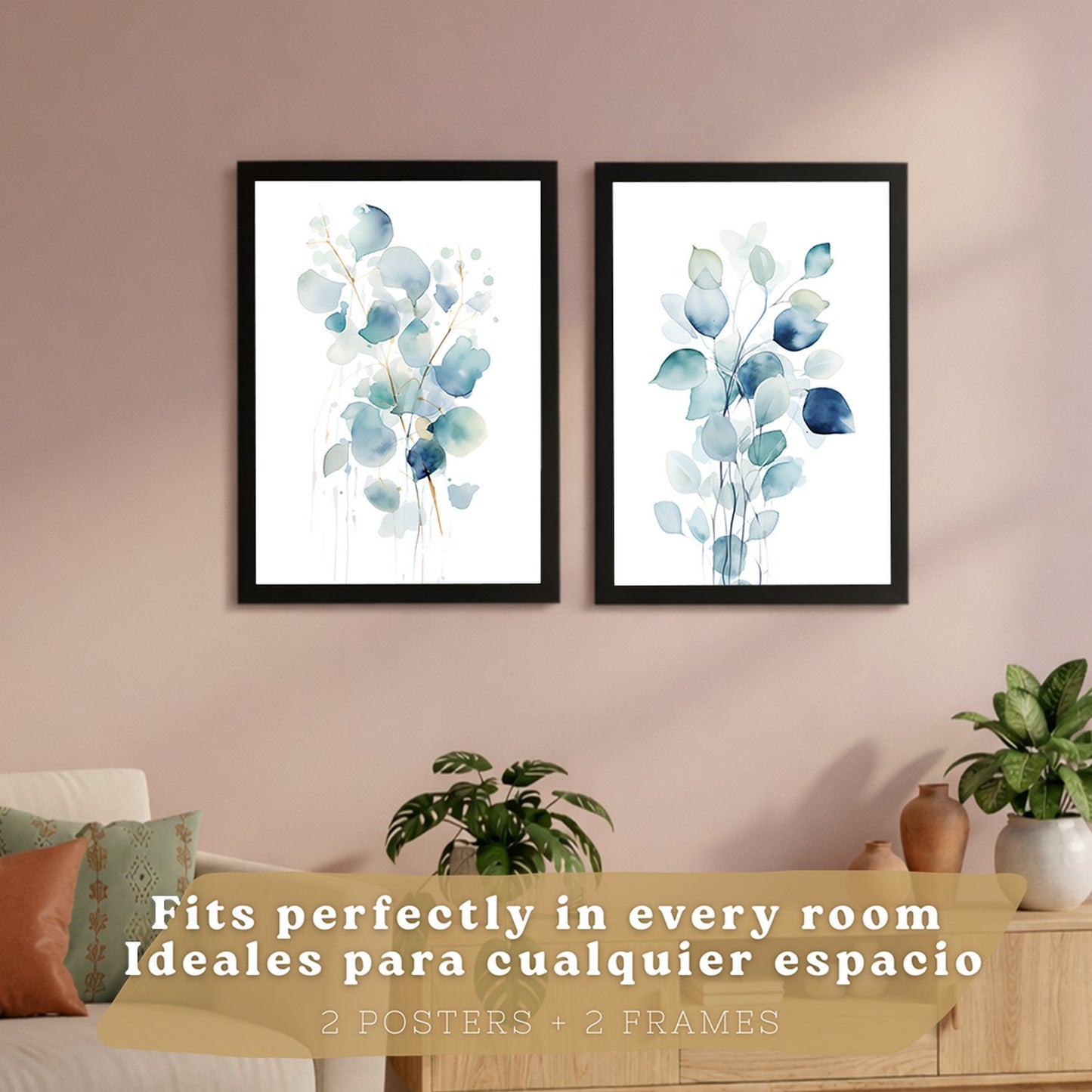 Juego de 2 laminas decorativas flores azules acuarela. Cuadros Salon modernos - Posters decorativos Botanico campestre. Decoración Dormitorios.