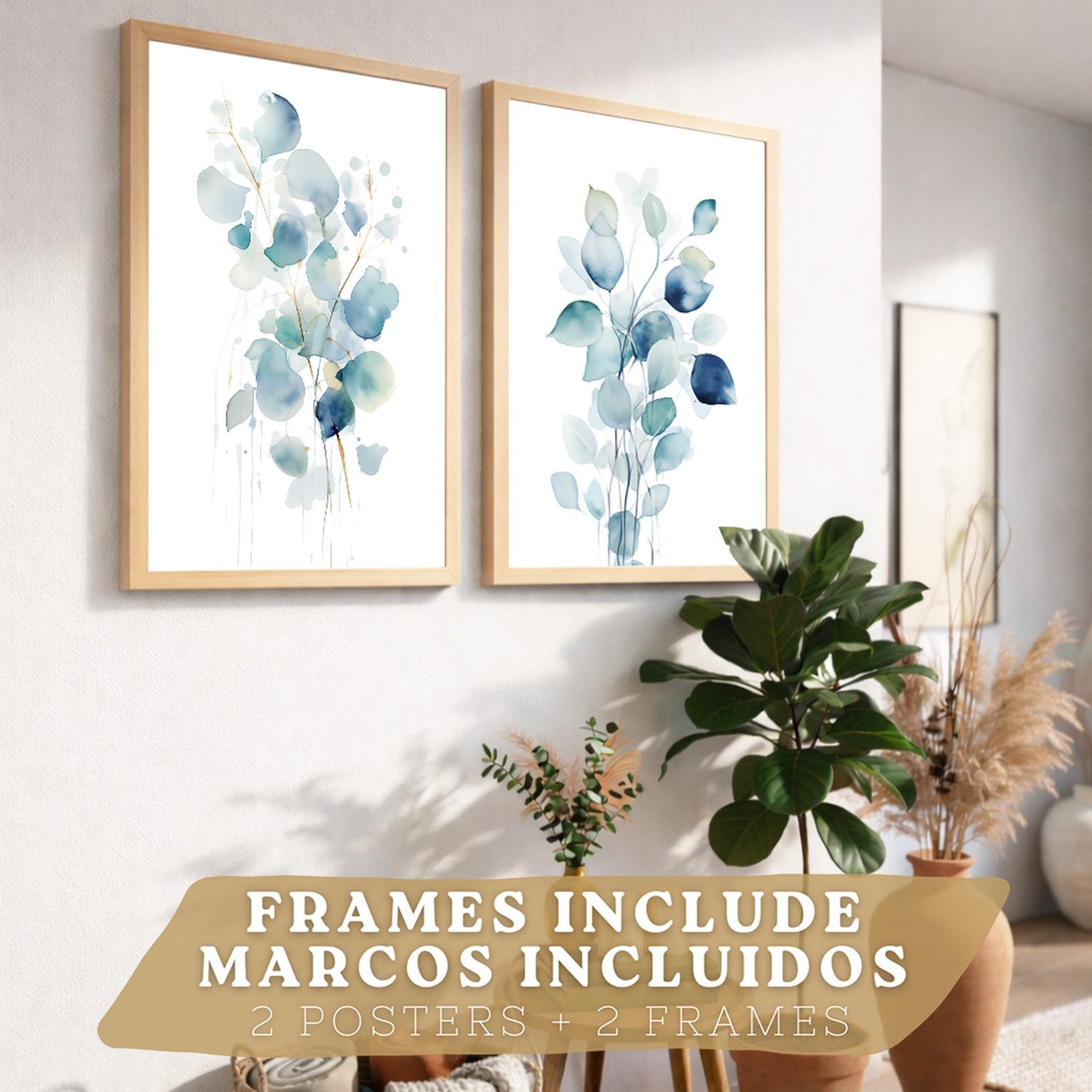 Juego de 2 laminas decorativas flores azules acuarela. Cuadros Salon modernos - Posters decorativos Botanico campestre. Decoración Dormitorios.