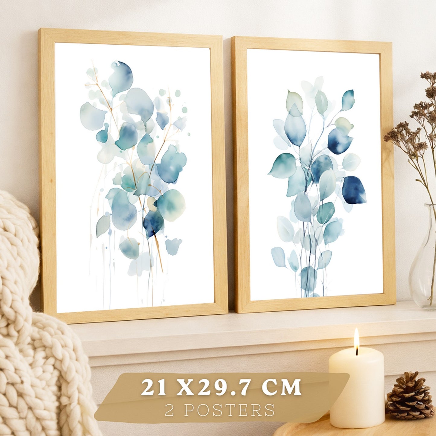 Juego de 2 laminas decorativas flores azules acuarela. Cuadros Salon modernos - Posters decorativos Botanico campestre. Decoración Dormitorios.
