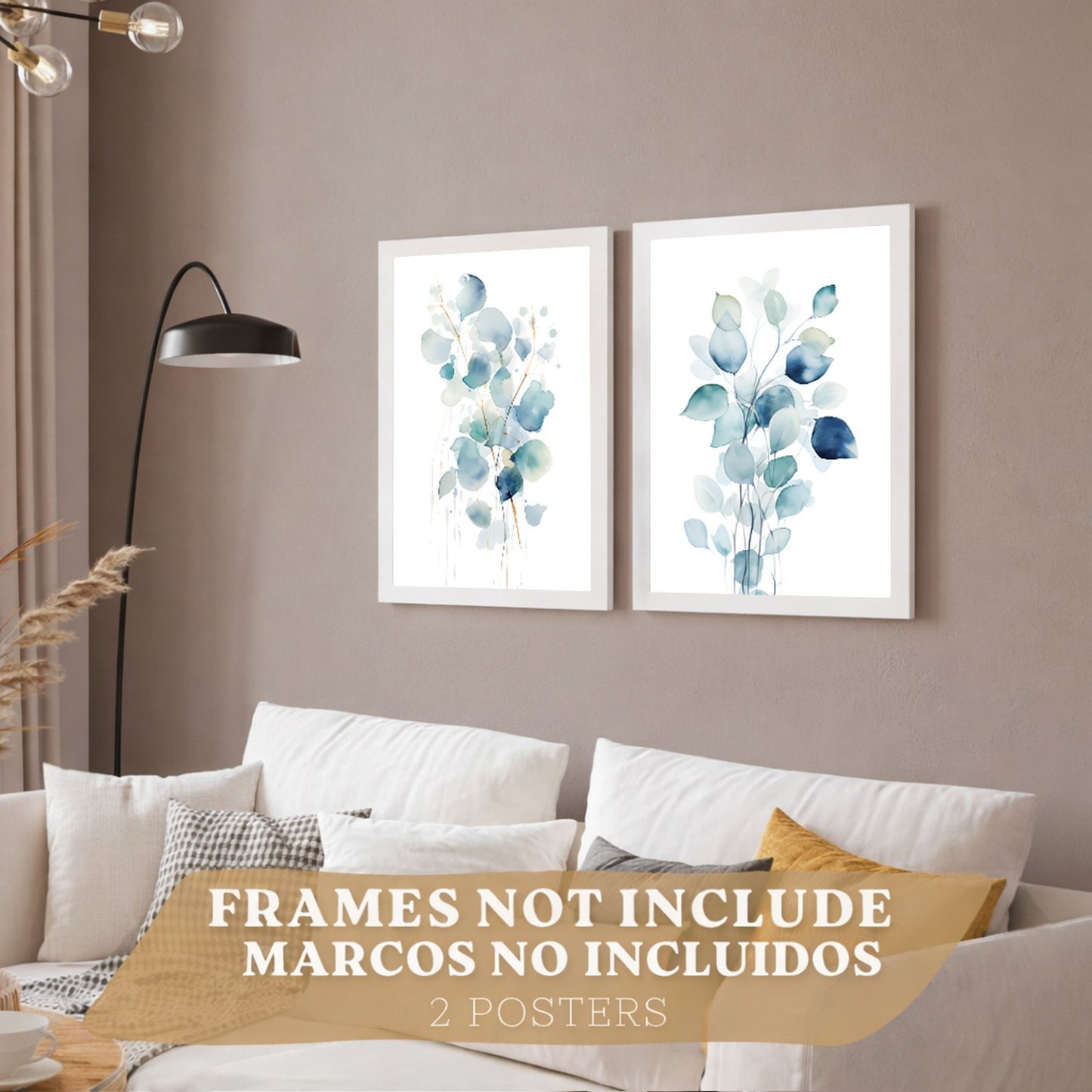 Juego de 2 laminas decorativas flores azules acuarela. Cuadros Salon modernos - Posters decorativos Botanico campestre. Decoración Dormitorios.