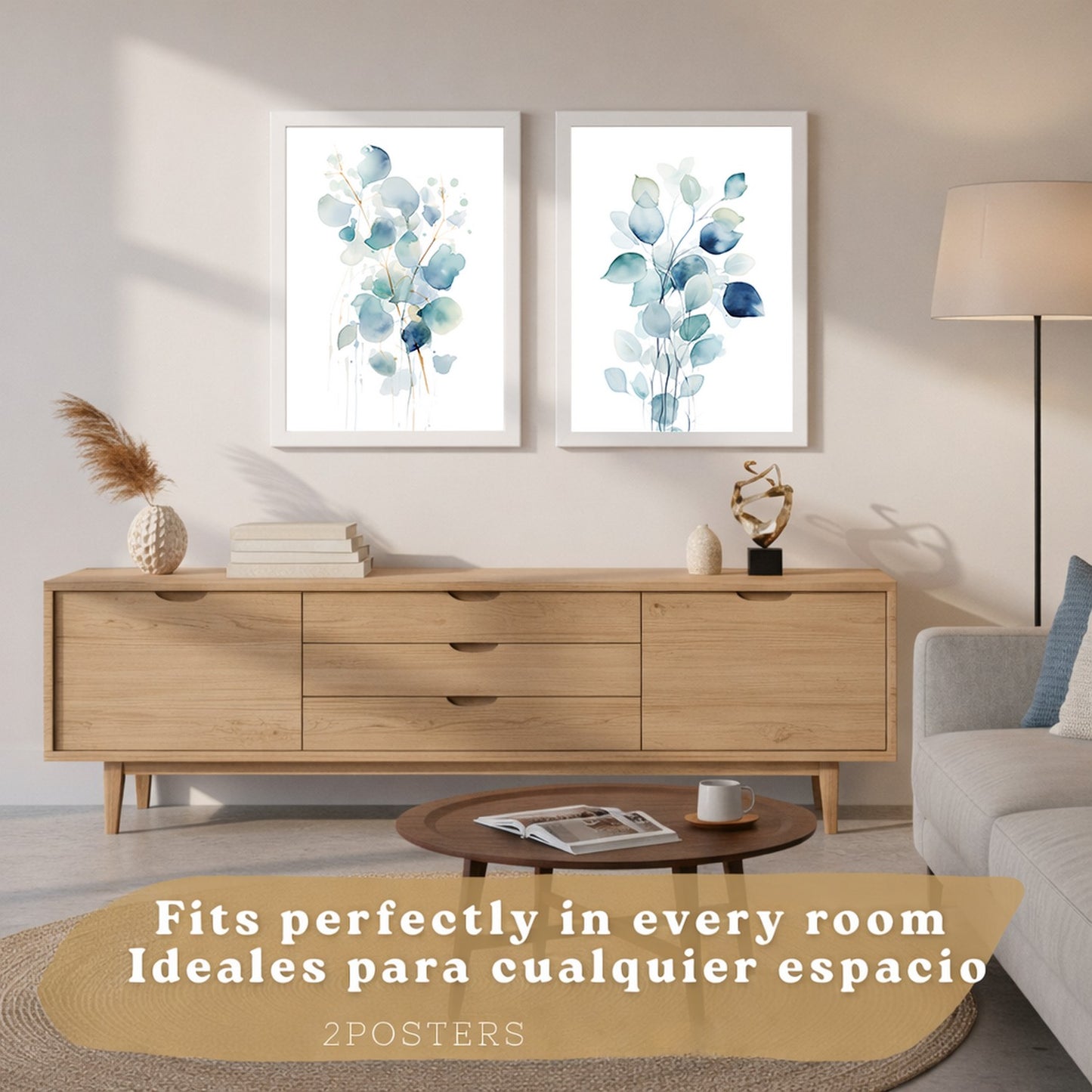 Juego de 2 laminas decorativas flores azules acuarela. Cuadros Salon modernos - Posters decorativos Botanico campestre. Decoración Dormitorios.