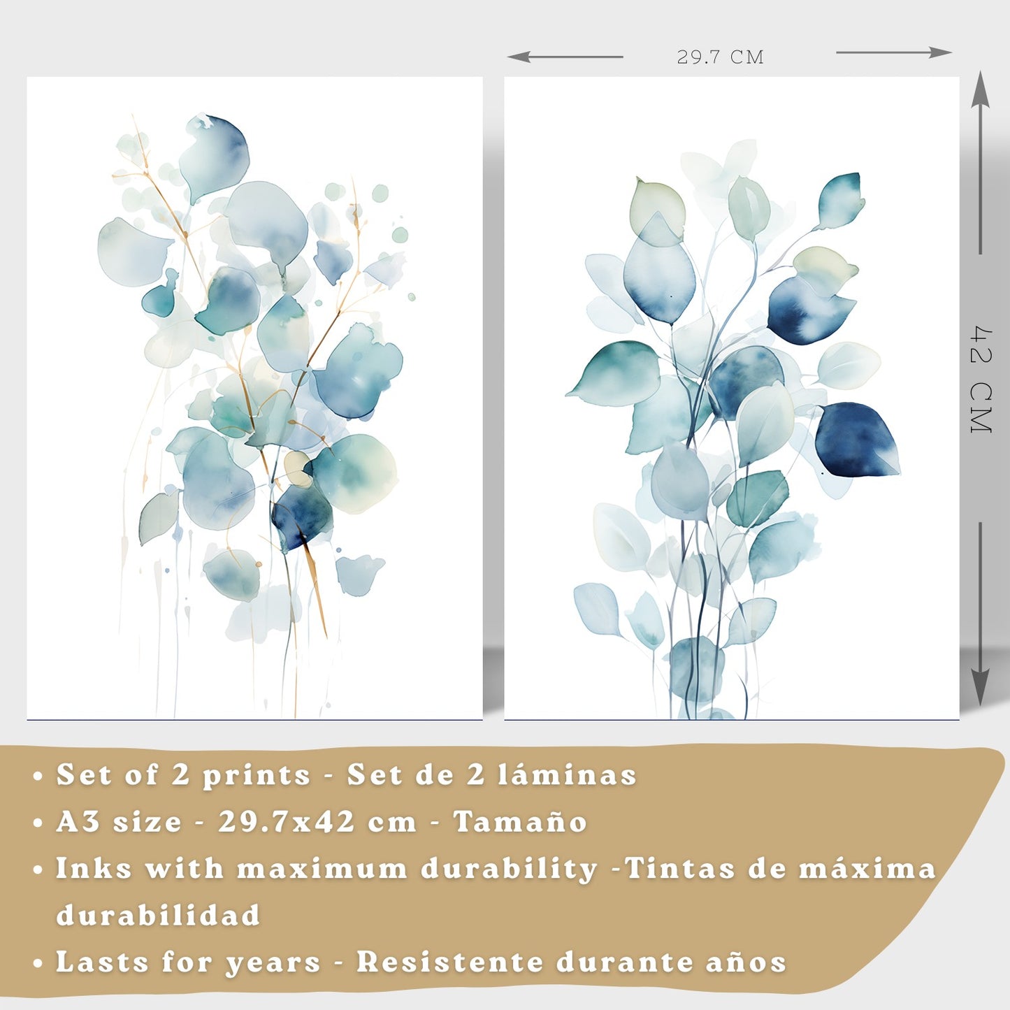 Juego de 2 laminas decorativas flores azules acuarela. Cuadros Salon modernos - Posters decorativos Botanico campestre. Decoración Dormitorios.