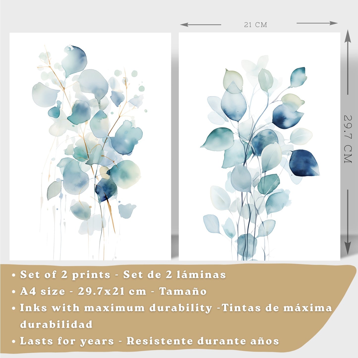 Juego de 2 laminas decorativas flores azules acuarela. Cuadros Salon modernos - Posters decorativos Botanico campestre. Decoración Dormitorios.