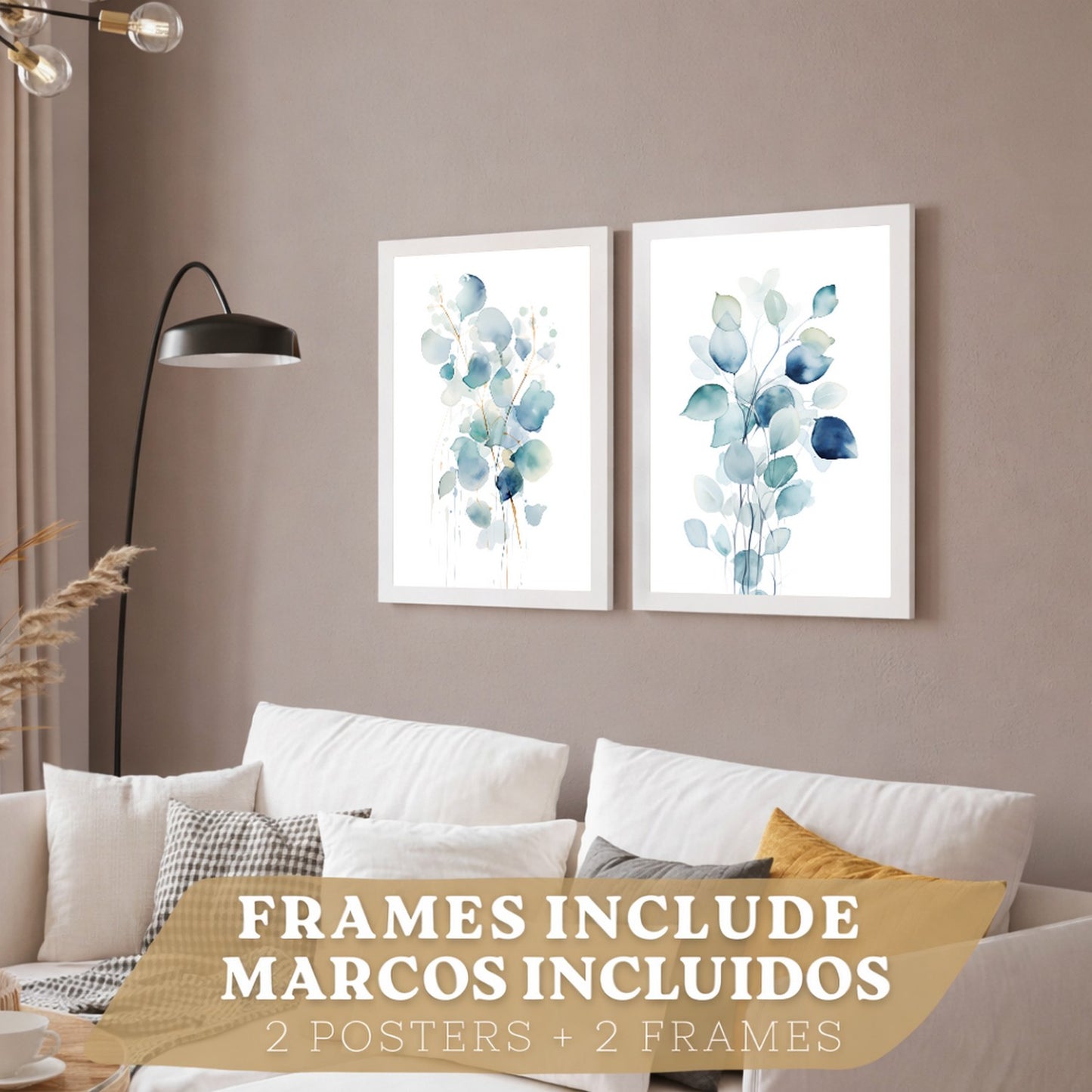 Juego de 2 laminas decorativas flores azules acuarela. Cuadros Salon modernos - Posters decorativos Botanico campestre. Decoración Dormitorios.