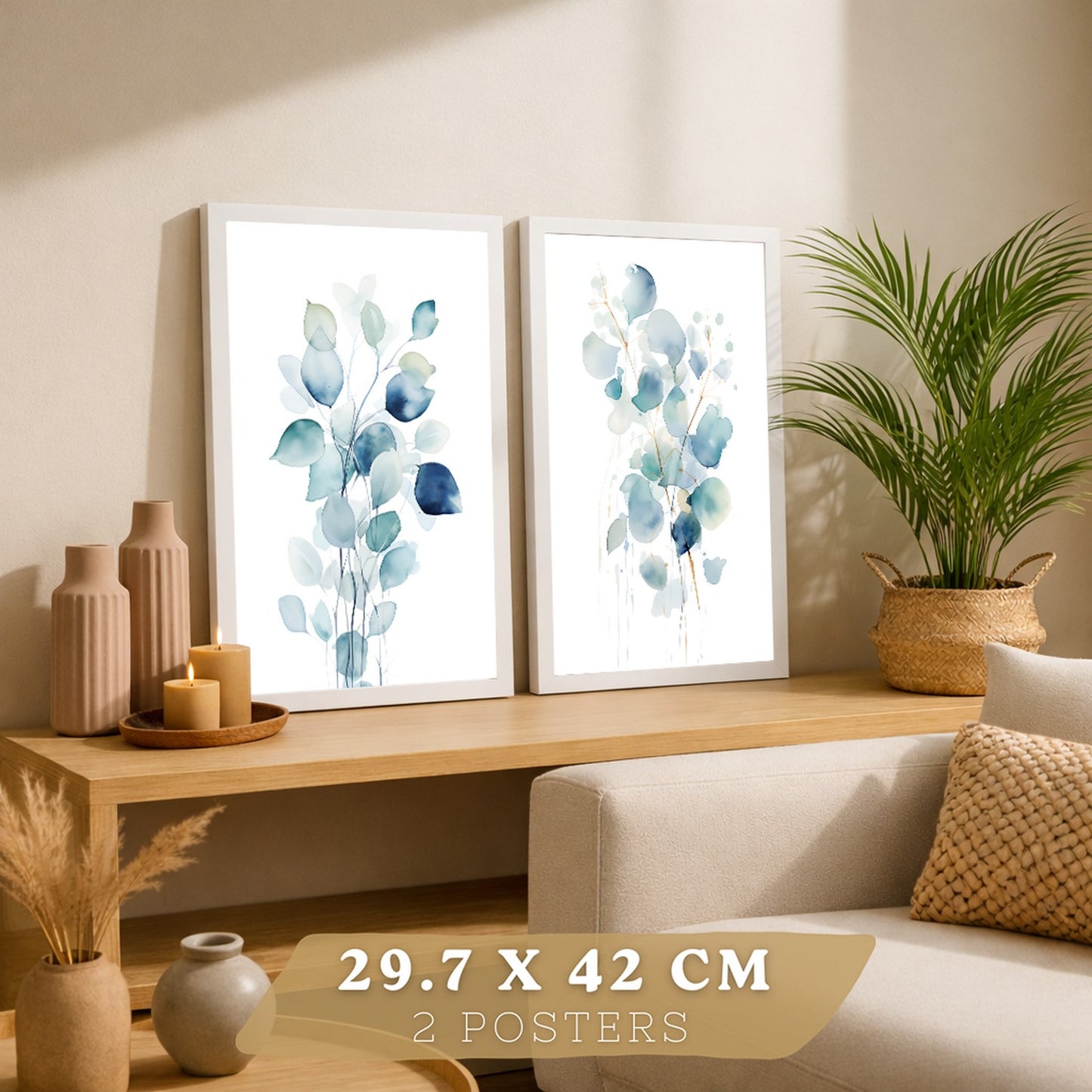 Juego de 2 laminas decorativas flores azules acuarela. Cuadros Salon modernos - Posters decorativos Botanico campestre. Decoración Dormitorios.