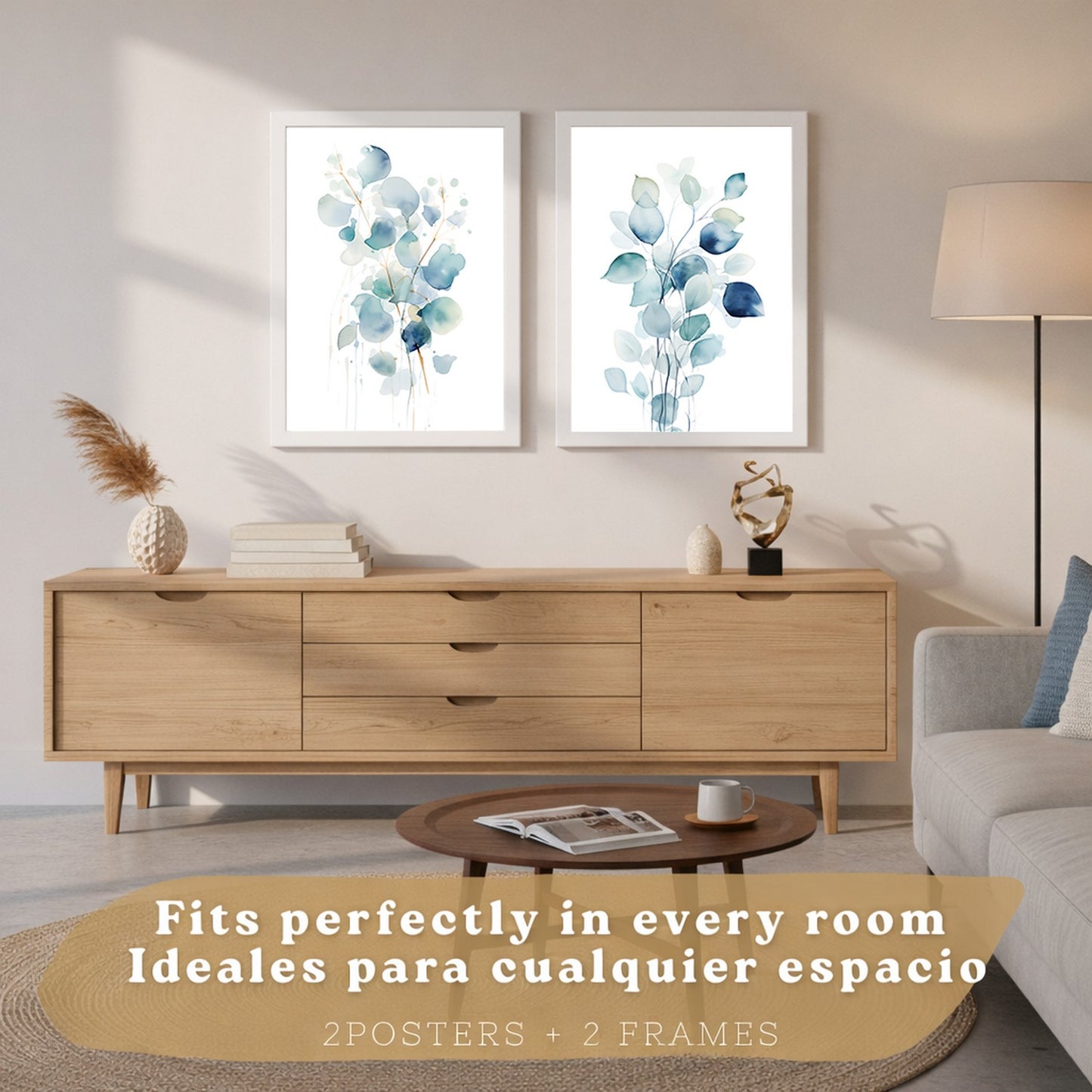 Juego de 2 laminas decorativas flores azules acuarela. Cuadros Salon modernos - Posters decorativos Botanico campestre. Decoración Dormitorios.