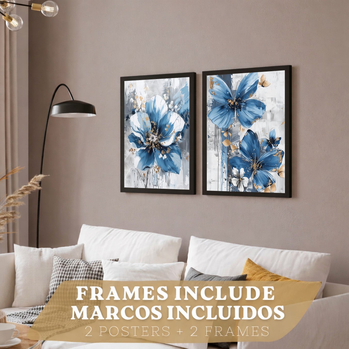 Set  de 2 laminas decorativas flores azules y marrones. Cuadros Salon modernos - Posters decorativos Botanico campestre. Decoración Dormitorios.