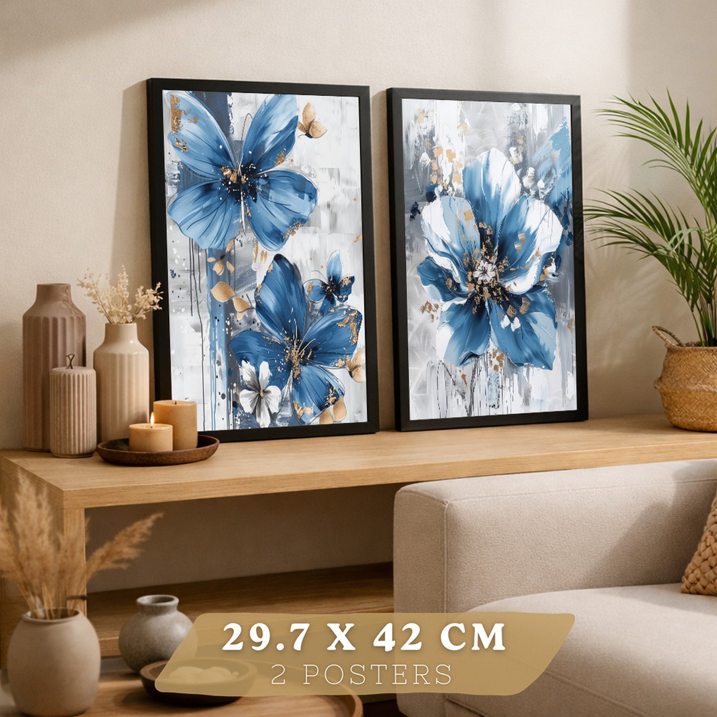 Set  de 2 laminas decorativas flores azules y marrones. Cuadros Salon modernos - Posters decorativos Botanico campestre. Decoración Dormitorios.