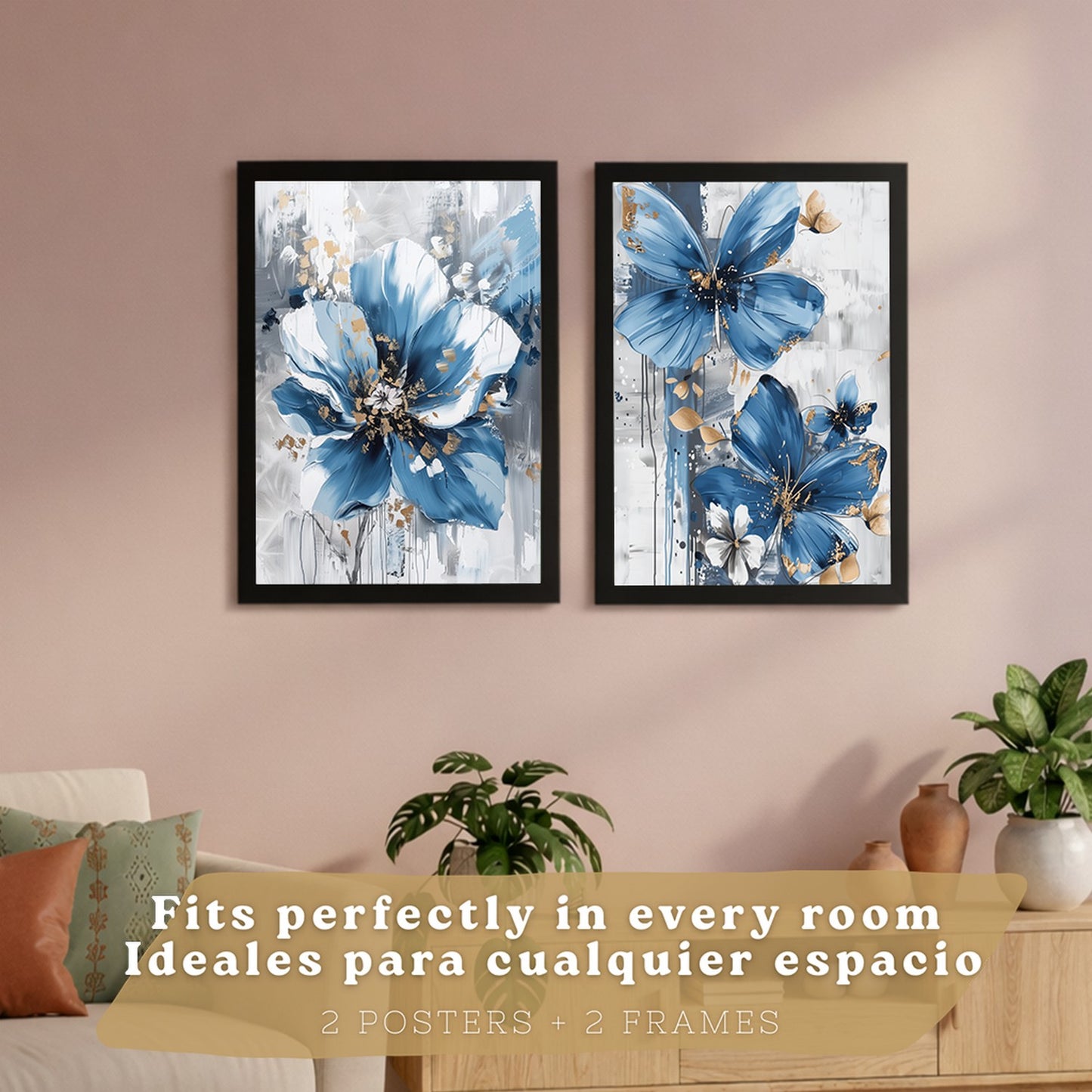 Set  de 2 laminas decorativas flores azules y marrones. Cuadros Salon modernos - Posters decorativos Botanico campestre. Decoración Dormitorios.