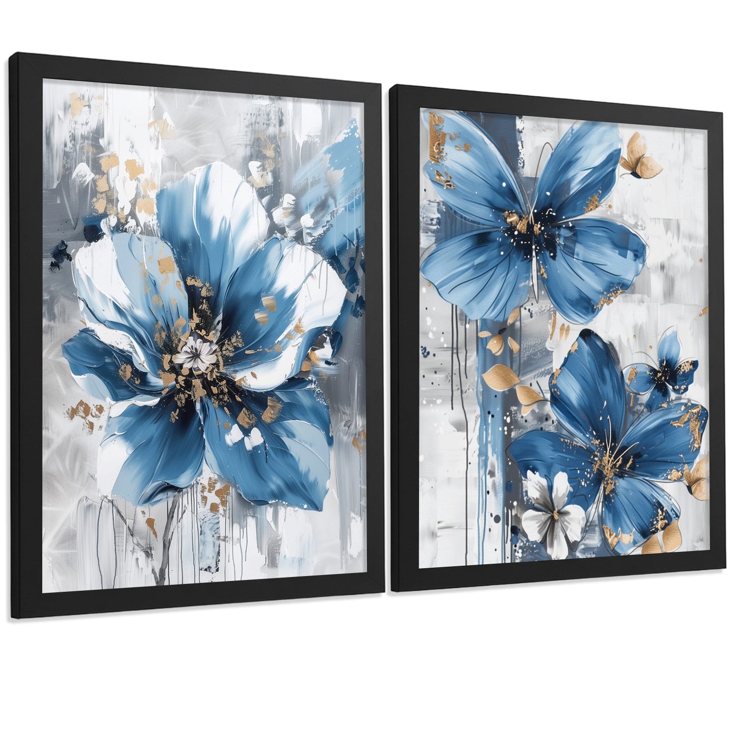 Set  de 2 laminas decorativas flores azules y marrones. Cuadros Salon modernos - Posters decorativos Botanico campestre. Decoración Dormitorios.