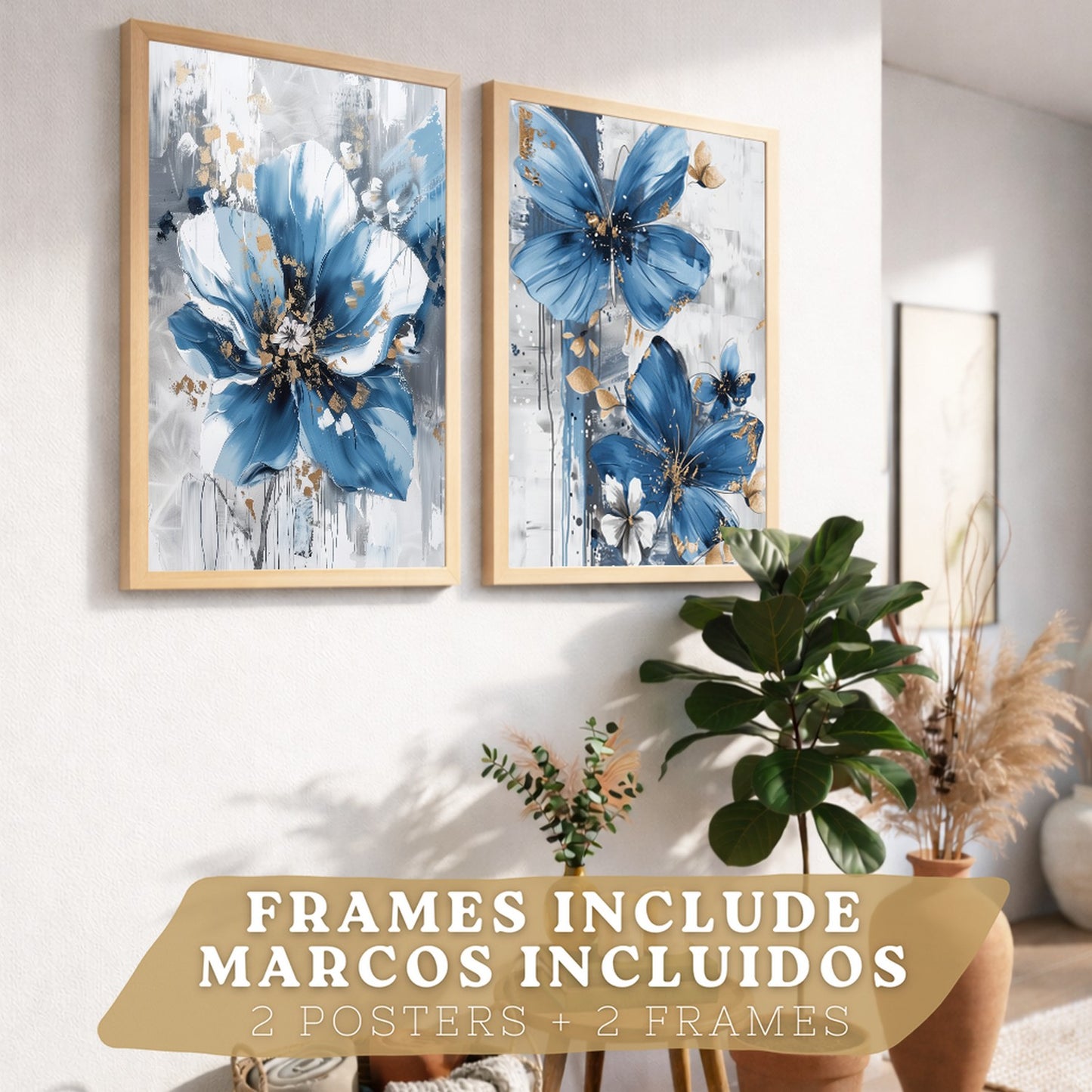 Set  de 2 laminas decorativas flores azules y marrones. Cuadros Salon modernos - Posters decorativos Botanico campestre. Decoración Dormitorios.