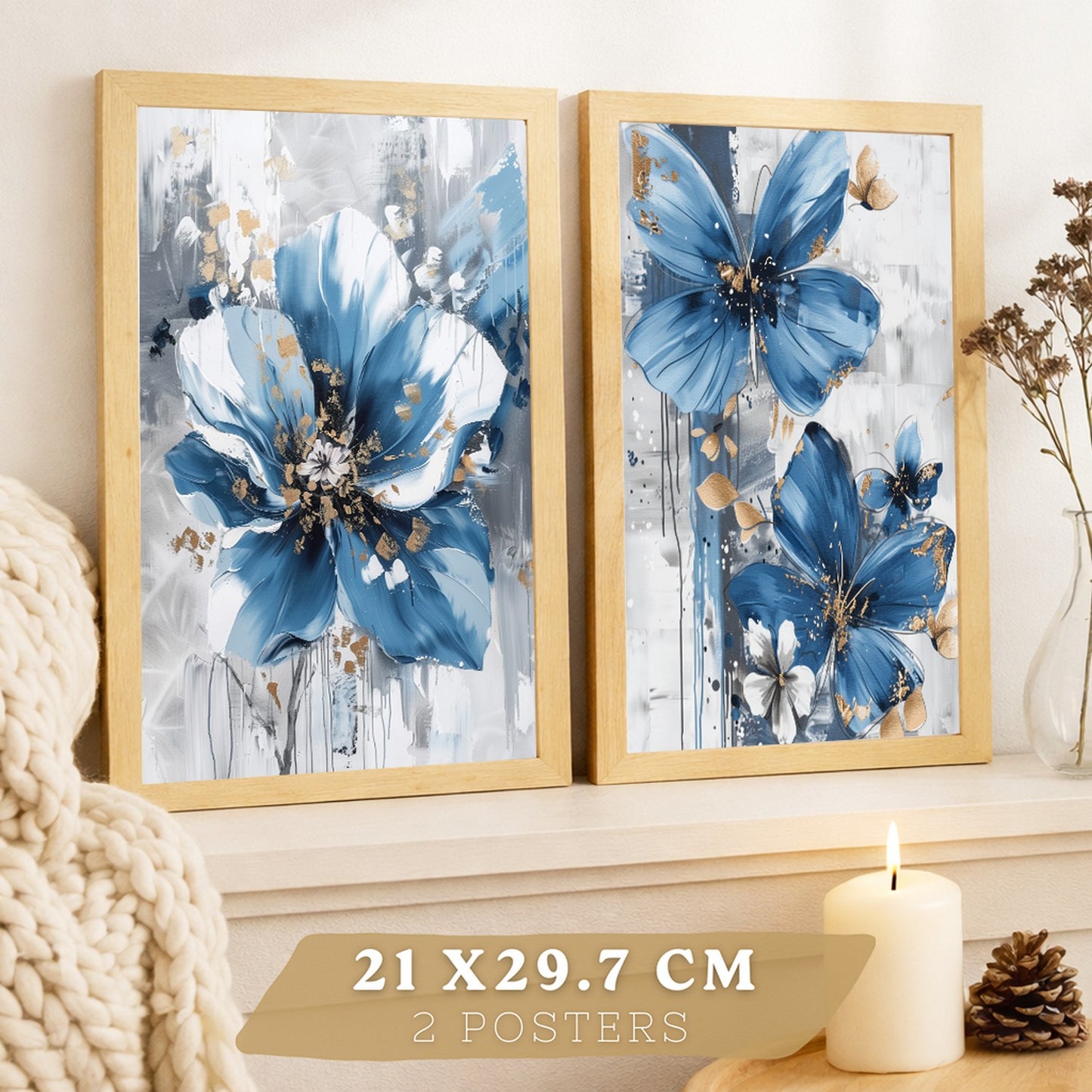 Set  de 2 laminas decorativas flores azules y marrones. Cuadros Salon modernos - Posters decorativos Botanico campestre. Decoración Dormitorios.