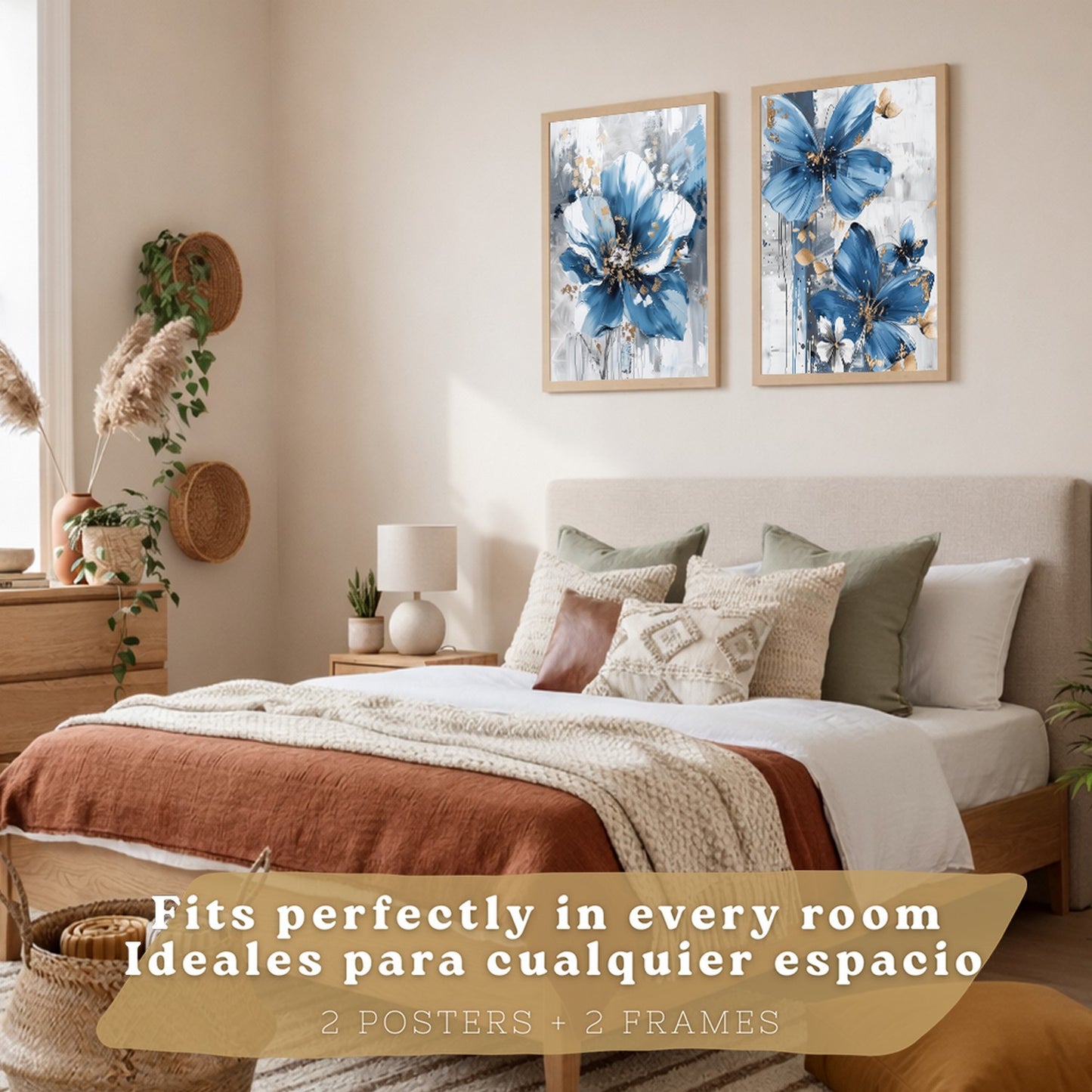 Set  de 2 laminas decorativas flores azules y marrones. Cuadros Salon modernos - Posters decorativos Botanico campestre. Decoración Dormitorios.