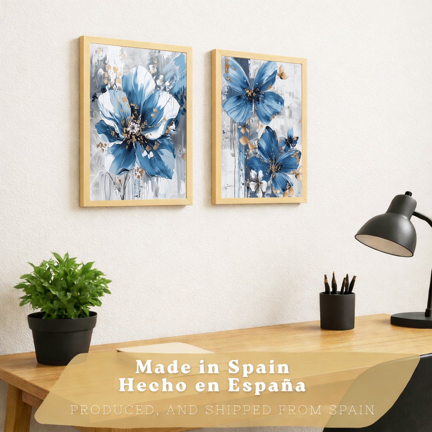 Set  de 2 laminas decorativas flores azules y marrones. Cuadros Salon modernos - Posters decorativos Botanico campestre. Decoración Dormitorios.