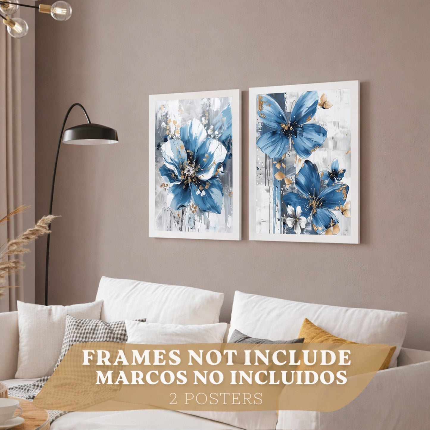 Set  de 2 laminas decorativas flores azules y marrones. Cuadros Salon modernos - Posters decorativos Botanico campestre. Decoración Dormitorios.