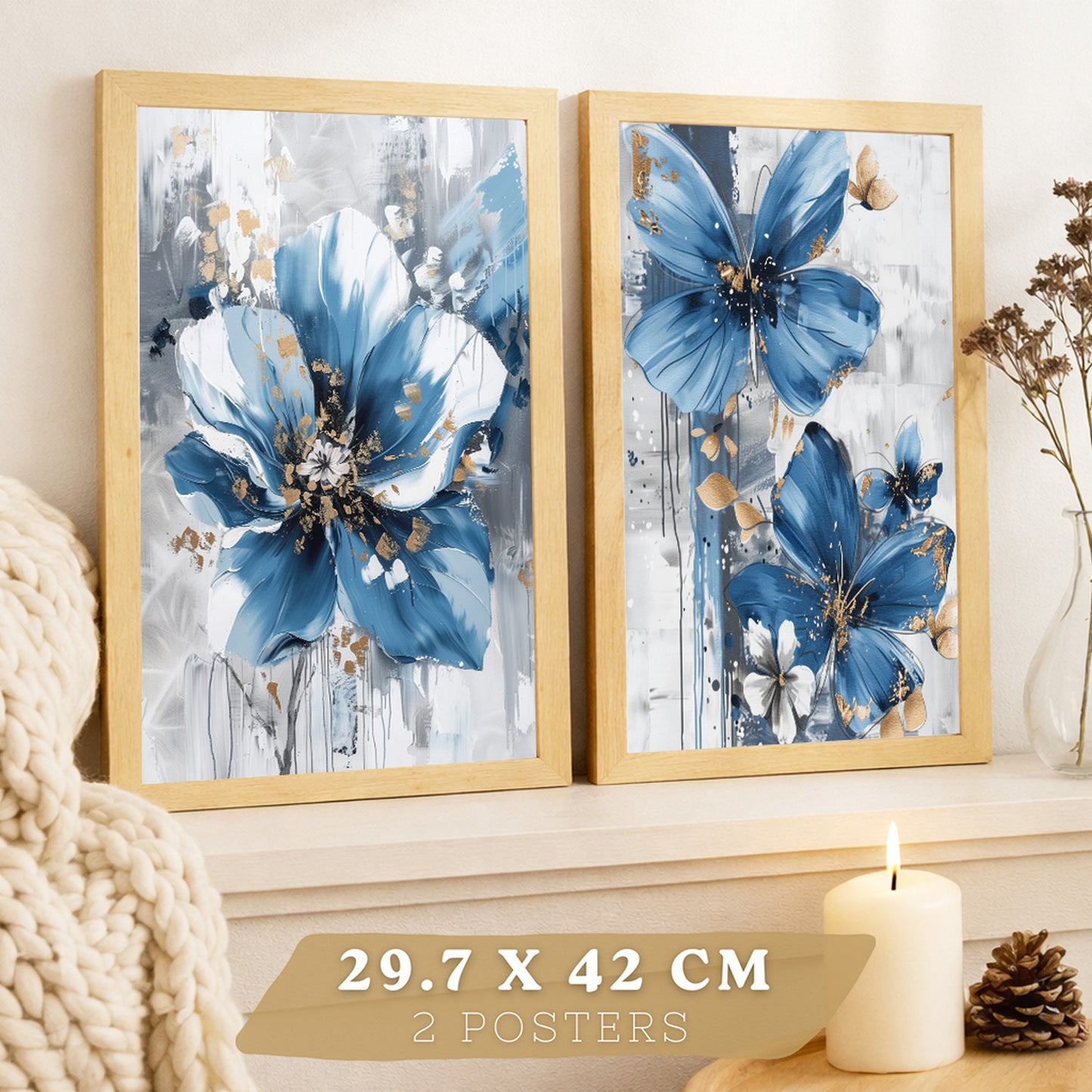 Set  de 2 laminas decorativas flores azules y marrones. Cuadros Salon modernos - Posters decorativos Botanico campestre. Decoración Dormitorios.