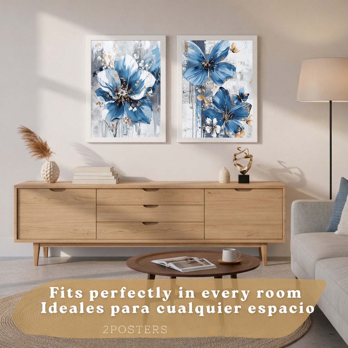 Set  de 2 laminas decorativas flores azules y marrones. Cuadros Salon modernos - Posters decorativos Botanico campestre. Decoración Dormitorios.