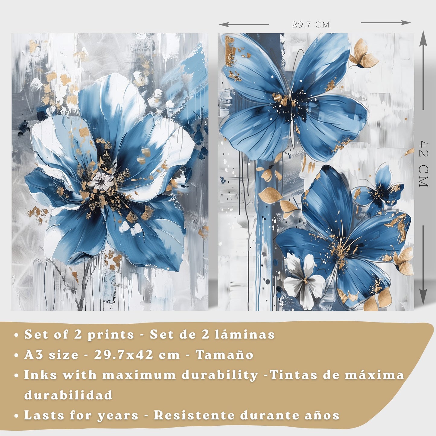 Set  de 2 laminas decorativas flores azules y marrones. Cuadros Salon modernos - Posters decorativos Botanico campestre. Decoración Dormitorios.