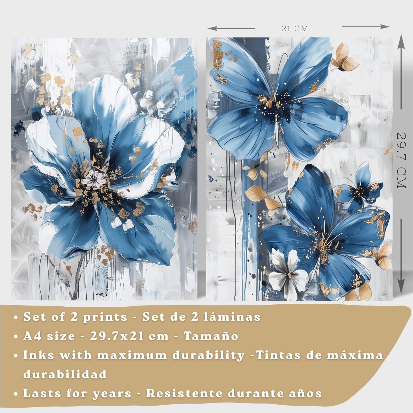 Set  de 2 laminas decorativas flores azules y marrones. Cuadros Salon modernos - Posters decorativos Botanico campestre. Decoración Dormitorios.