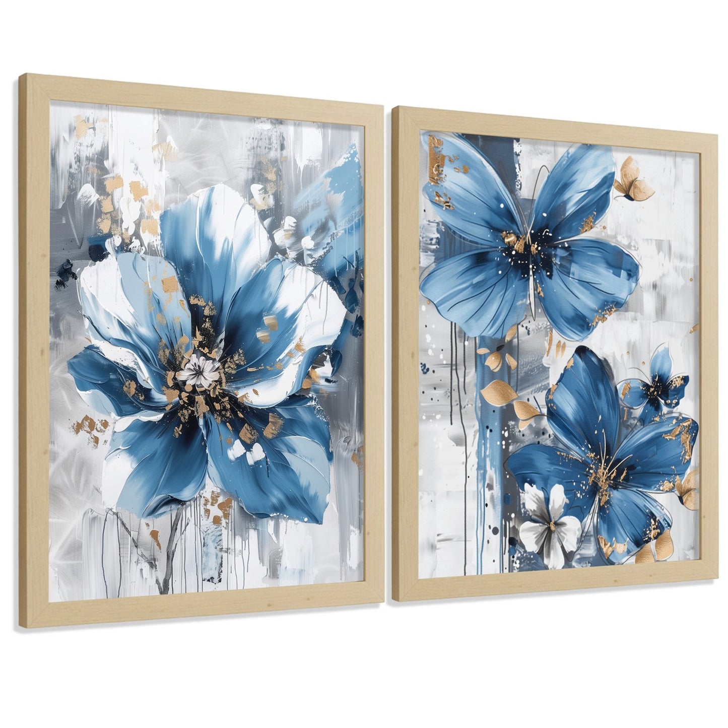 Set  de 2 laminas decorativas flores azules y marrones. Cuadros Salon modernos - Posters decorativos Botanico campestre. Decoración Dormitorios.