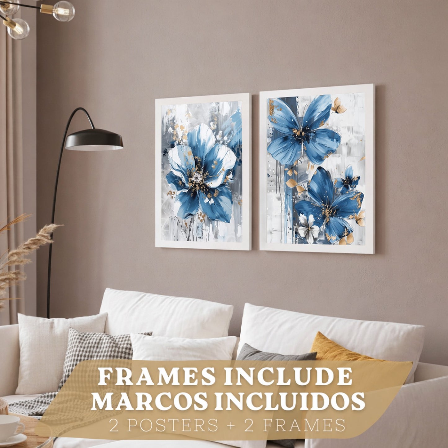 Set  de 2 laminas decorativas flores azules y marrones. Cuadros Salon modernos - Posters decorativos Botanico campestre. Decoración Dormitorios.