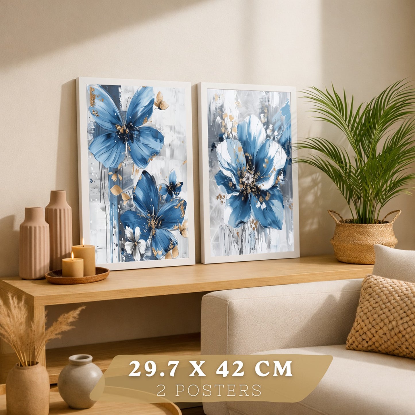 Set  de 2 laminas decorativas flores azules y marrones. Cuadros Salon modernos - Posters decorativos Botanico campestre. Decoración Dormitorios.