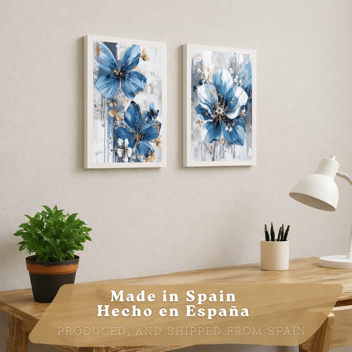 Set  de 2 laminas decorativas flores azules y marrones. Cuadros Salon modernos - Posters decorativos Botanico campestre. Decoración Dormitorios.