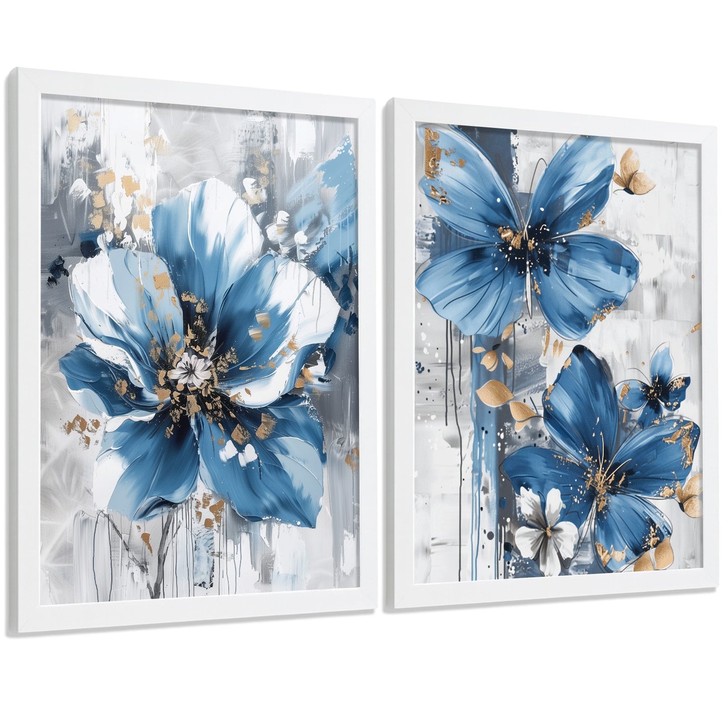 Set  de 2 laminas decorativas flores azules y marrones. Cuadros Salon modernos - Posters decorativos Botanico campestre. Decoración Dormitorios.