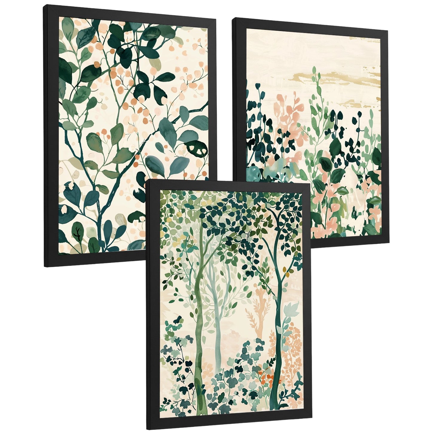 Juego de 3 laminas decorativas pared estilo floral. Cuadros Salon modernos - Posters decorativos tonos pastel. Arboles y hojas Matisse. Decoración Dormitorios.