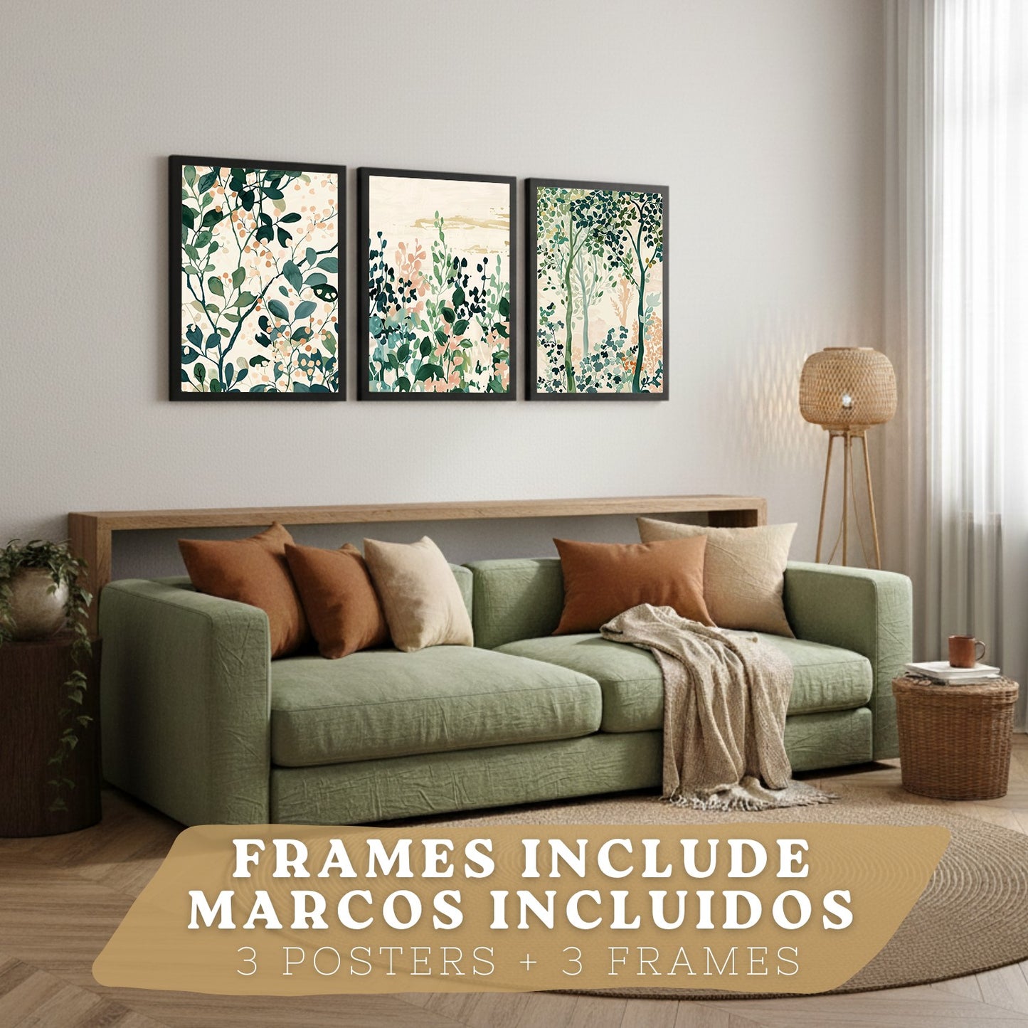 Juego de 3 laminas decorativas pared estilo floral. Cuadros Salon modernos - Posters decorativos tonos pastel. Arboles y hojas Matisse. Decoración Dormitorios.