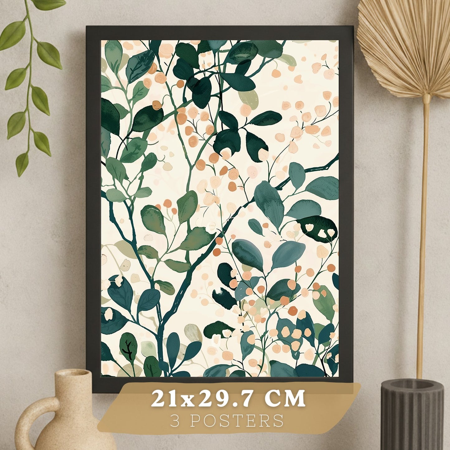 Juego de 3 laminas decorativas pared estilo floral. Cuadros Salon modernos - Posters decorativos tonos pastel. Arboles y hojas Matisse. Decoración Dormitorios.