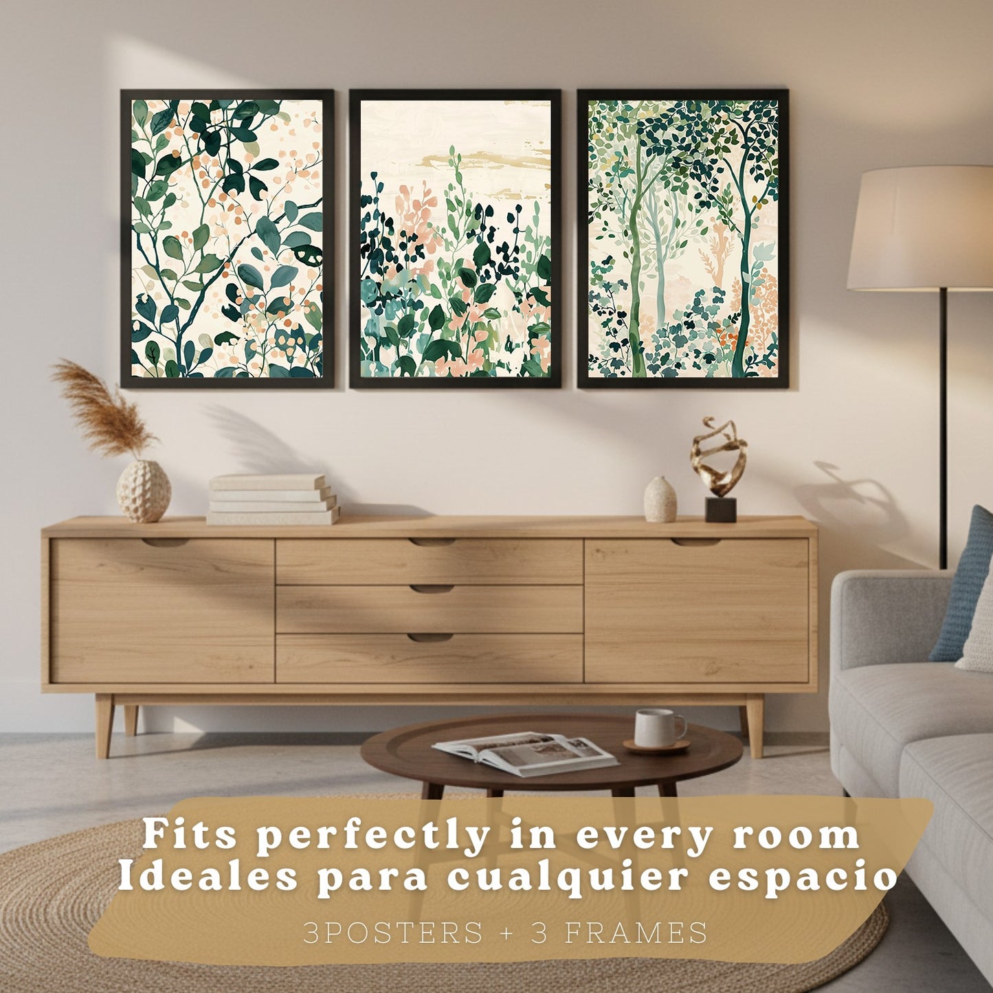 Juego de 3 laminas decorativas pared estilo floral. Cuadros Salon modernos - Posters decorativos tonos pastel. Arboles y hojas Matisse. Decoración Dormitorios.