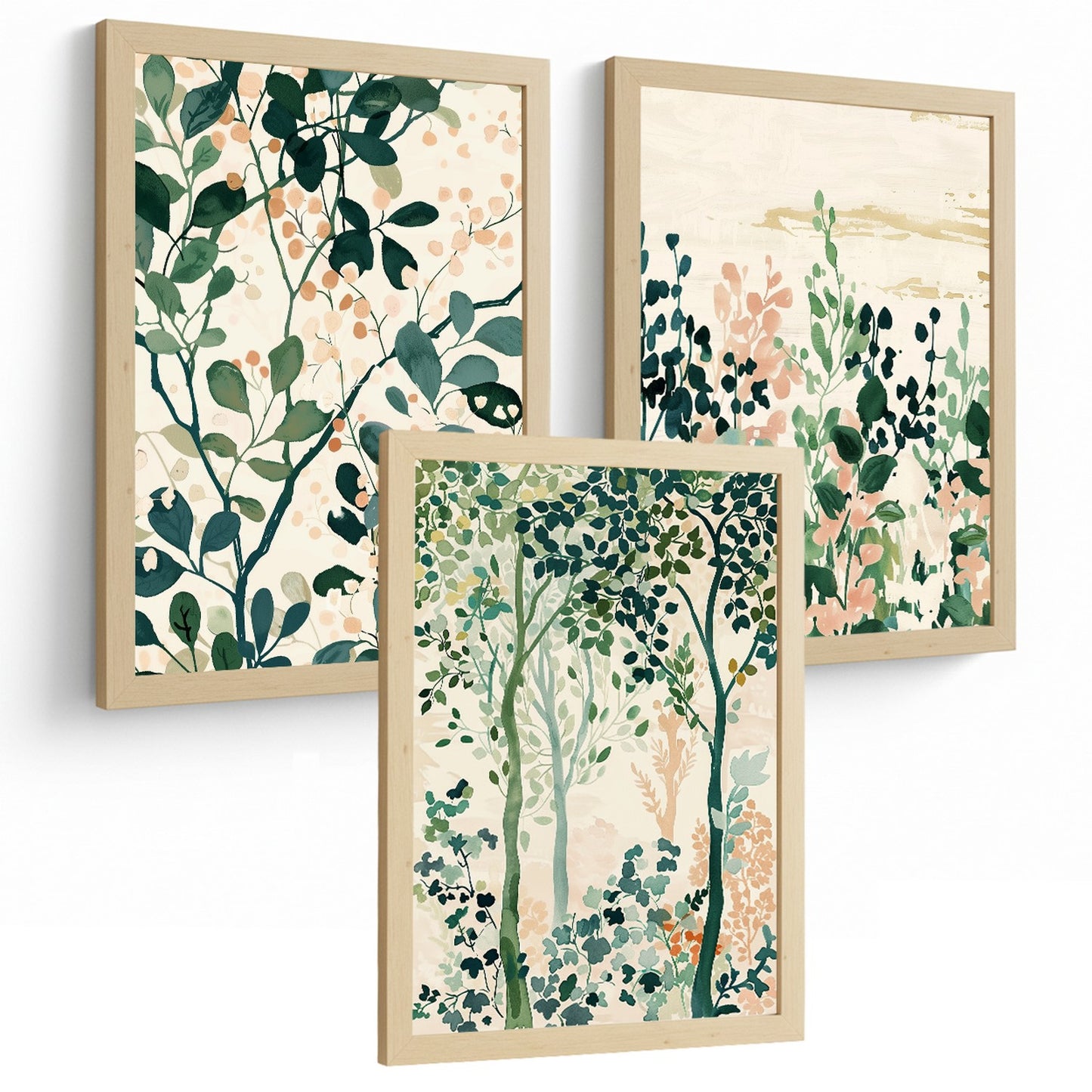 Juego de 3 laminas decorativas pared estilo floral. Cuadros Salon modernos - Posters decorativos tonos pastel. Arboles y hojas Matisse. Decoración Dormitorios.