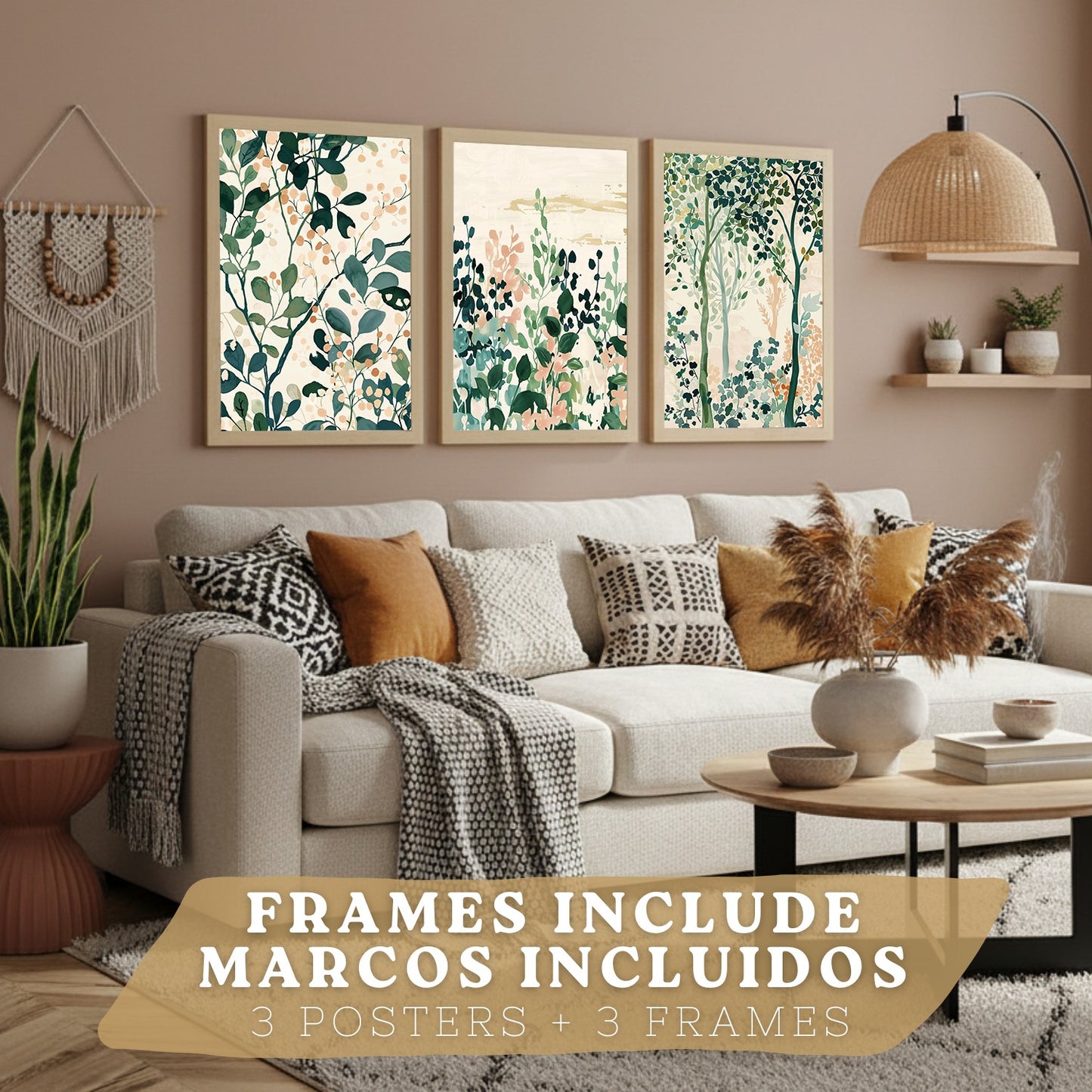 Juego de 3 laminas decorativas pared estilo floral. Cuadros Salon modernos - Posters decorativos tonos pastel. Arboles y hojas Matisse. Decoración Dormitorios.