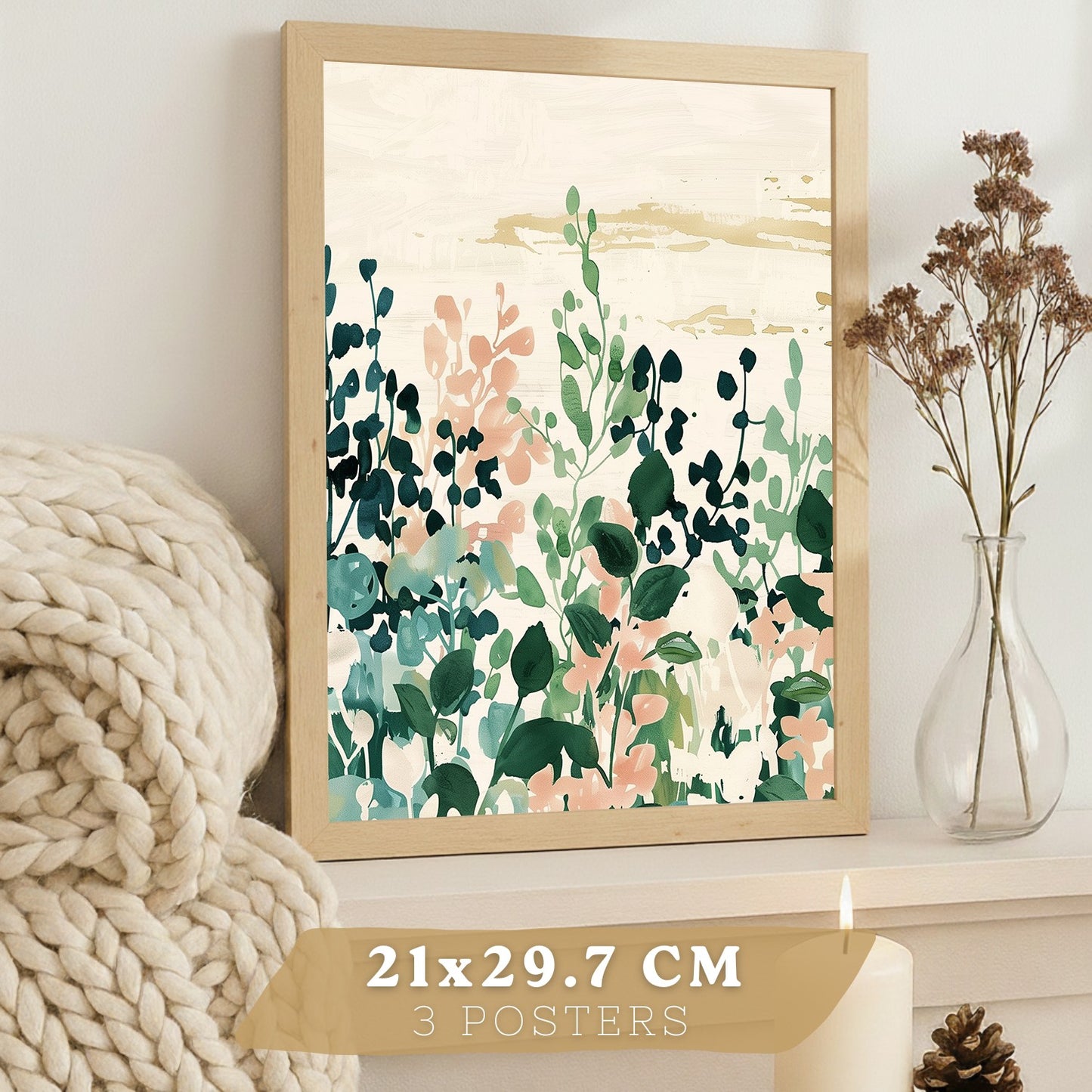 Juego de 3 laminas decorativas pared estilo floral. Cuadros Salon modernos - Posters decorativos tonos pastel. Arboles y hojas Matisse. Decoración Dormitorios.