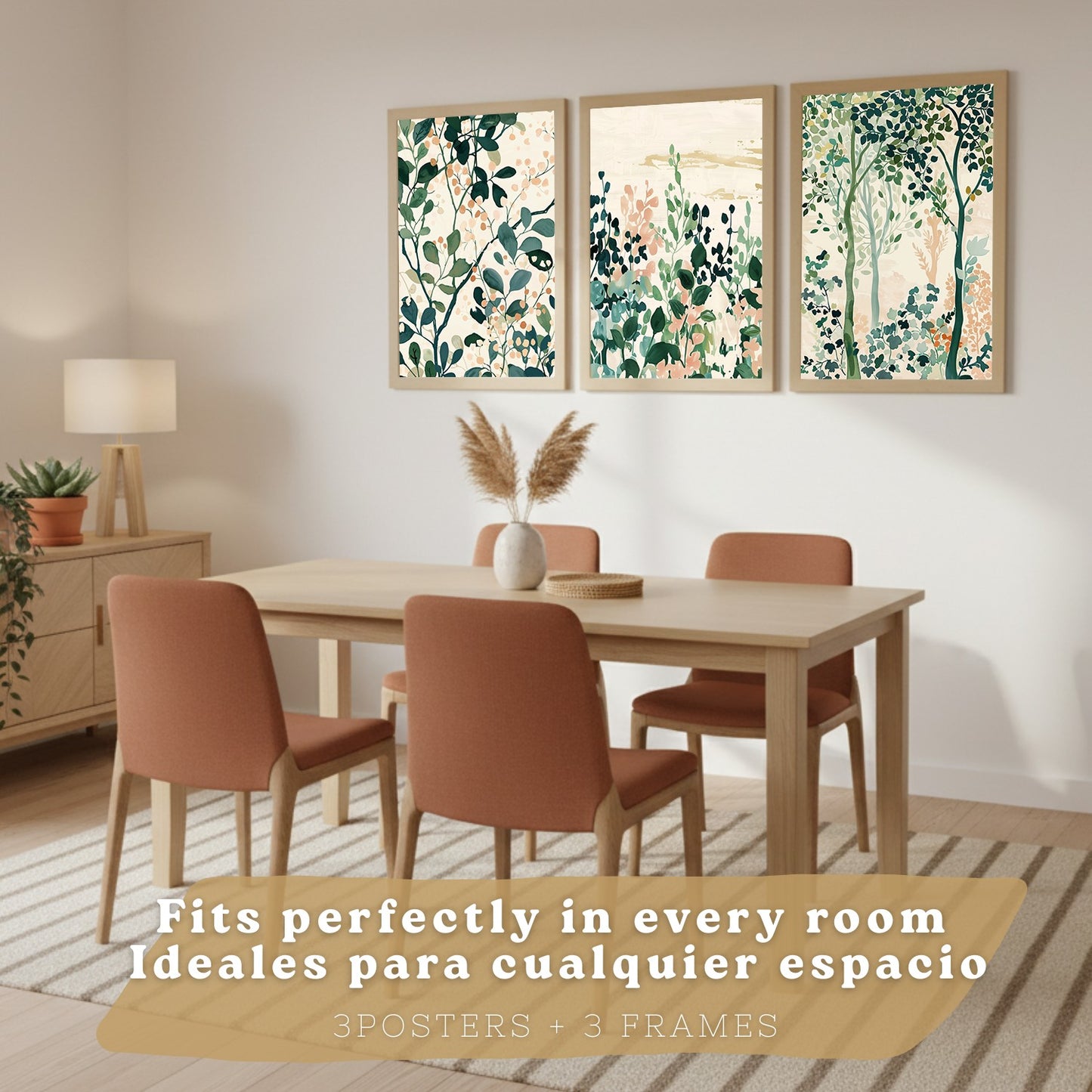 Juego de 3 laminas decorativas pared estilo floral. Cuadros Salon modernos - Posters decorativos tonos pastel. Arboles y hojas Matisse. Decoración Dormitorios.