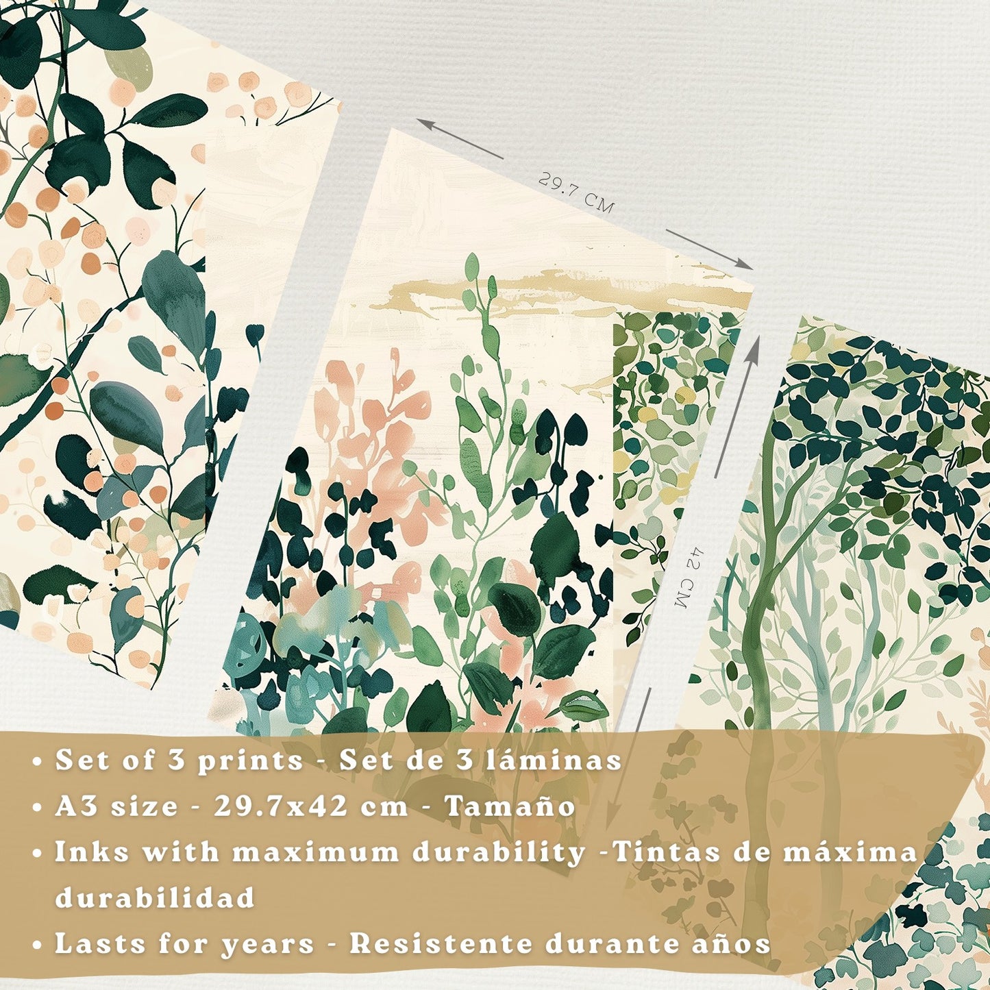 Juego de 3 laminas decorativas pared estilo floral. Cuadros Salon modernos - Posters decorativos tonos pastel. Arboles y hojas Matisse. Decoración Dormitorios.