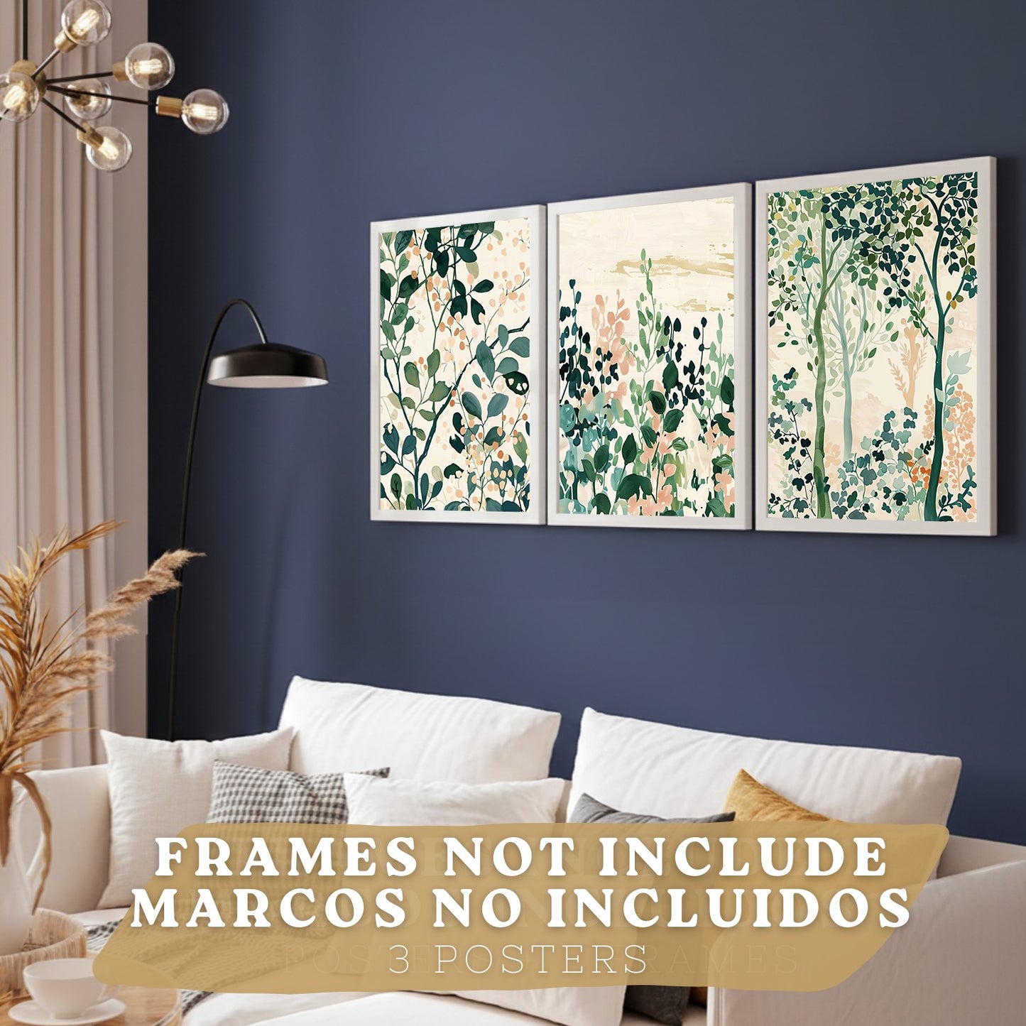 Juego de 3 laminas decorativas pared estilo floral. Cuadros Salon modernos - Posters decorativos tonos pastel. Arboles y hojas Matisse. Decoración Dormitorios.