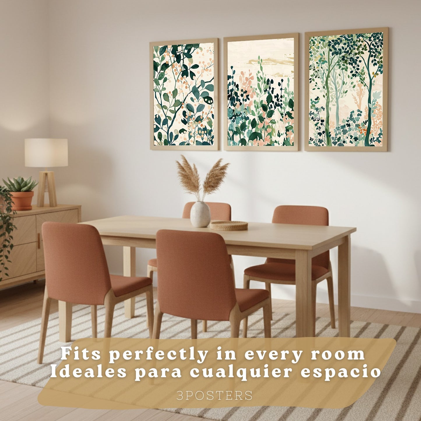 Juego de 3 laminas decorativas pared estilo floral. Cuadros Salon modernos - Posters decorativos tonos pastel. Arboles y hojas Matisse. Decoración Dormitorios.