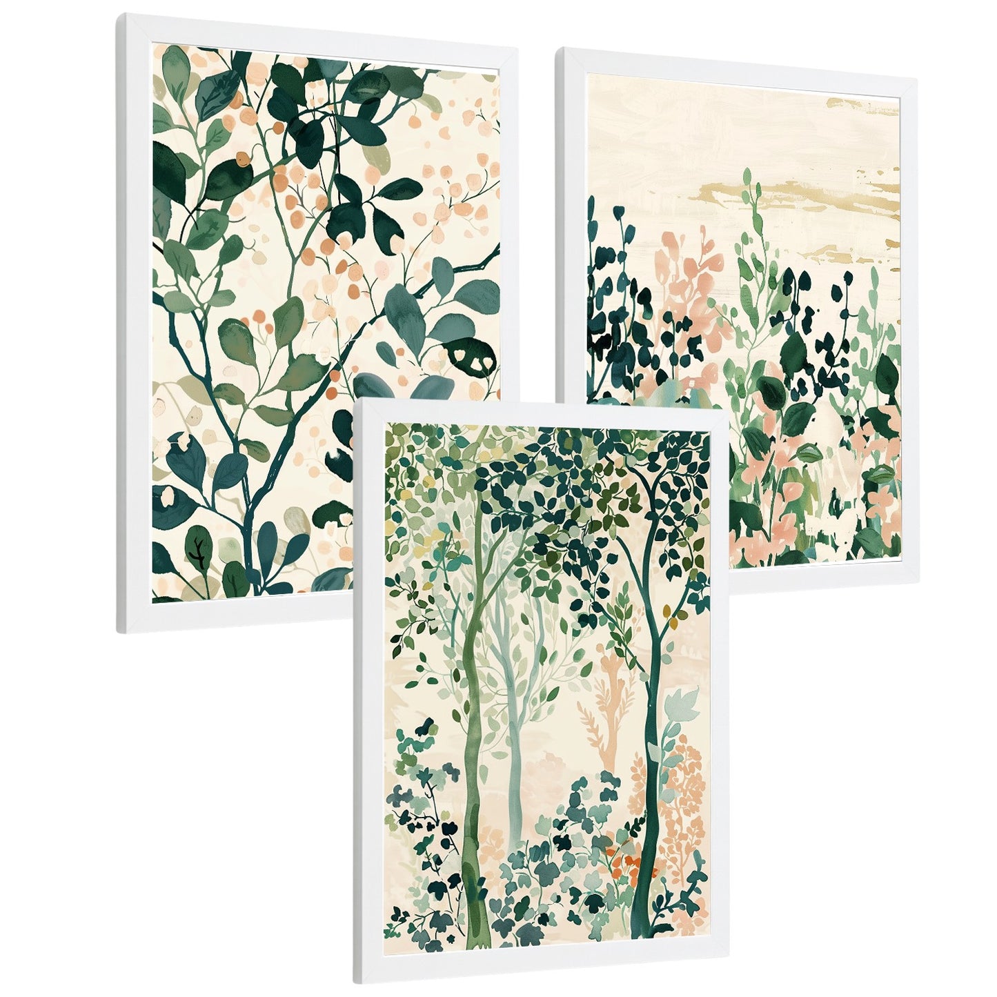 Juego de 3 laminas decorativas pared estilo floral. Cuadros Salon modernos - Posters decorativos tonos pastel. Arboles y hojas Matisse. Decoración Dormitorios.