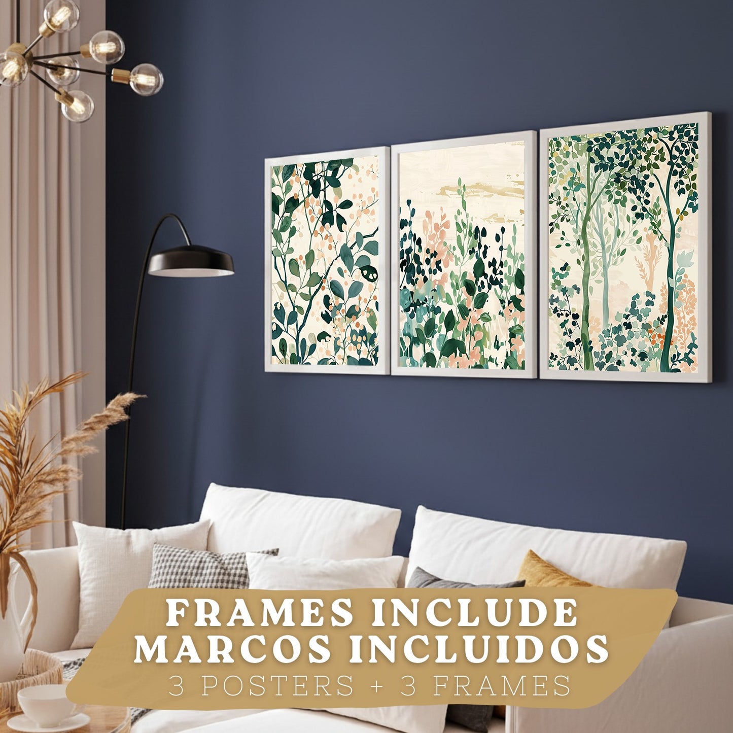 Juego de 3 laminas decorativas pared estilo floral. Cuadros Salon modernos - Posters decorativos tonos pastel. Arboles y hojas Matisse. Decoración Dormitorios.