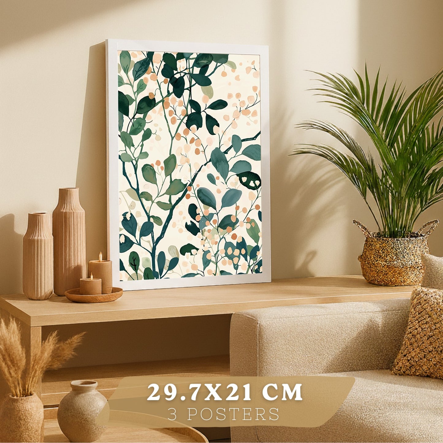 Juego de 3 laminas decorativas pared estilo floral. Cuadros Salon modernos - Posters decorativos tonos pastel. Arboles y hojas Matisse. Decoración Dormitorios.